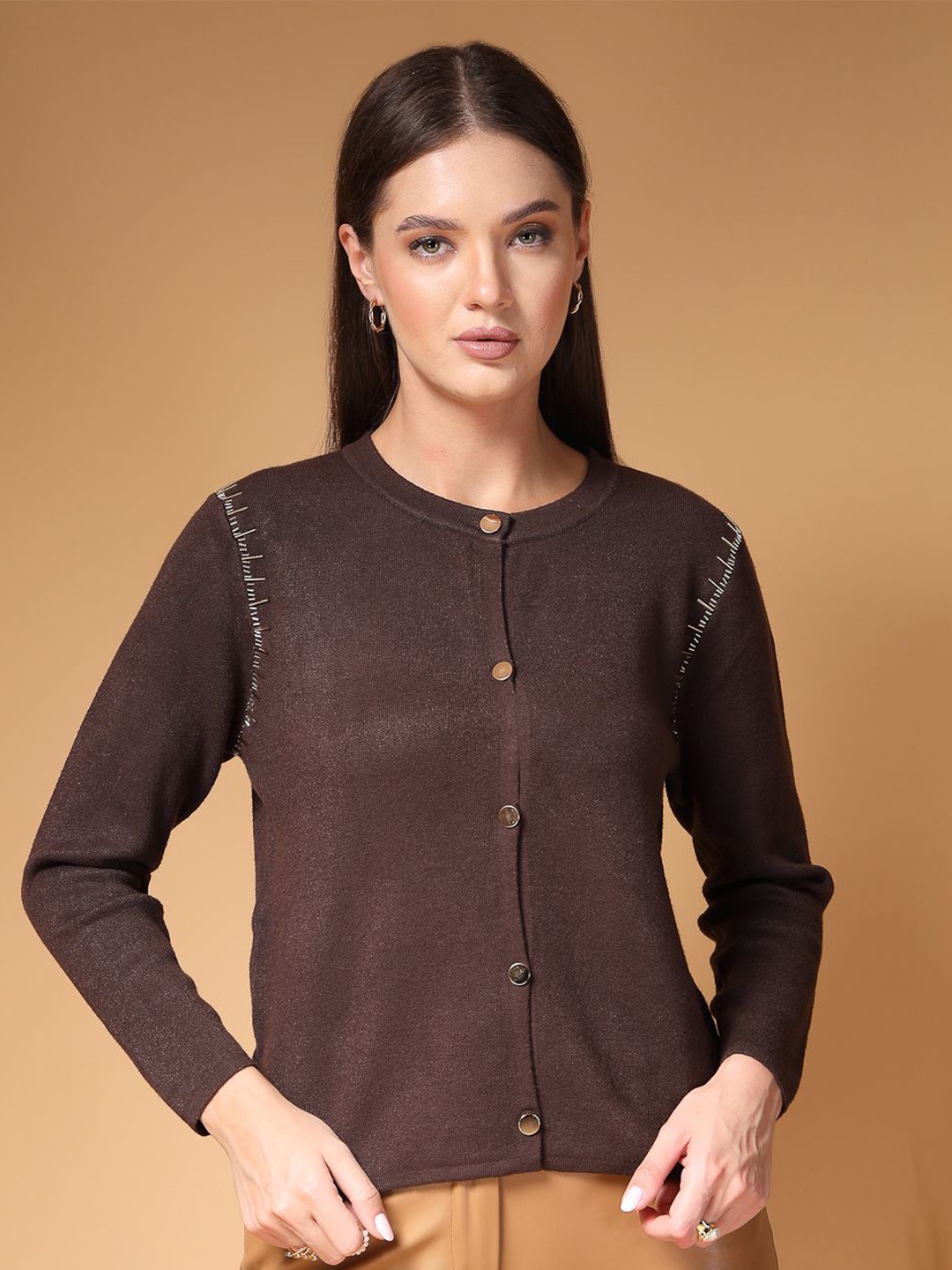 

Mafadeny Women Solid Round Neck Sweater, Brown