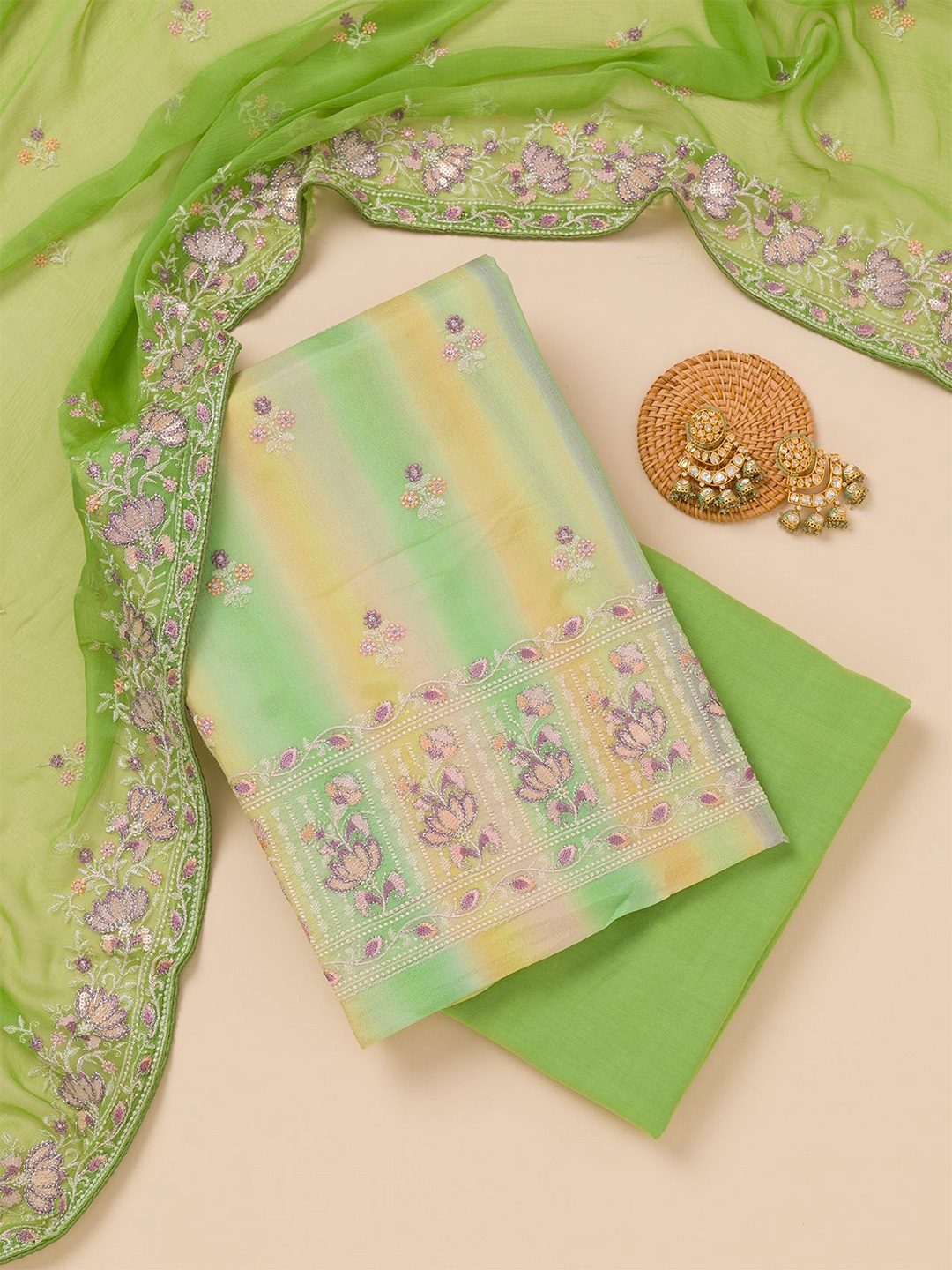 

Koskii Floral Embroidered Unstitched Dress Material, Green