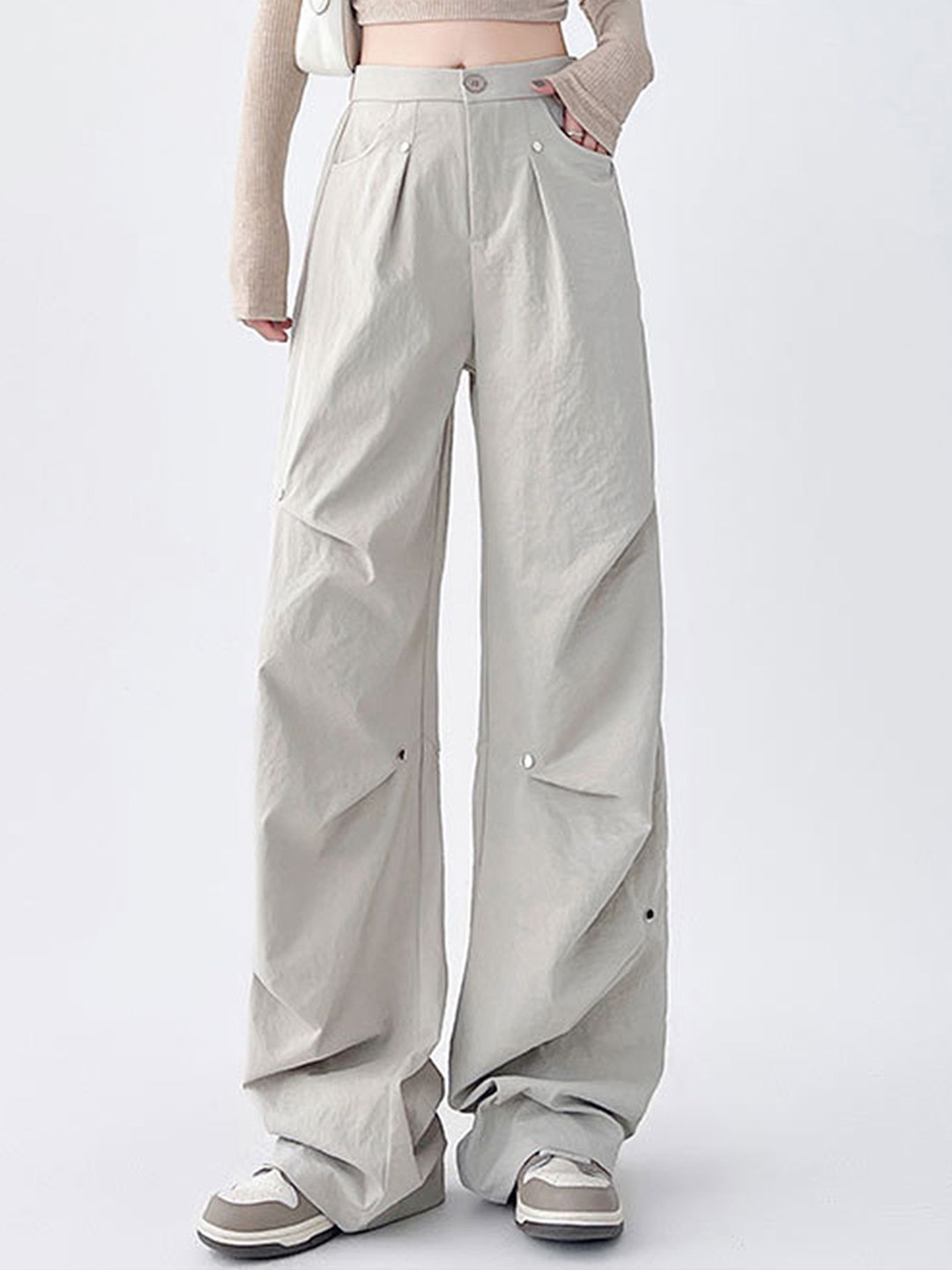 

LULU & SKY Women Flared High-Rise Trousers, Khaki