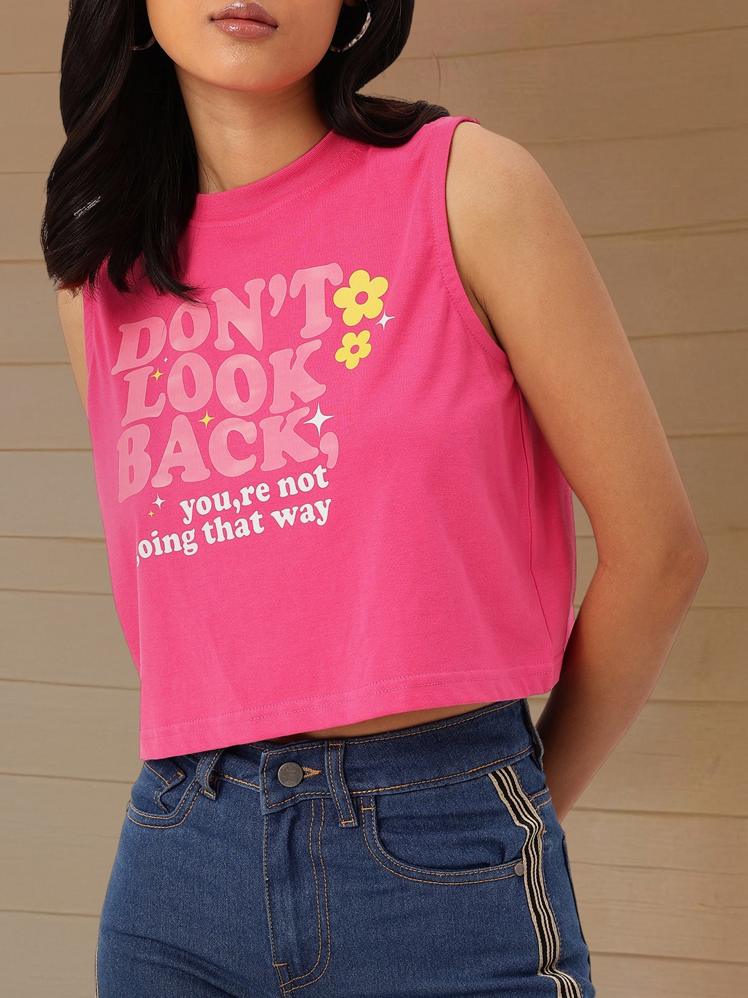

DressBerry Gritty Stay Ahead Printed Sleeveless Crop T-shirt, Pink