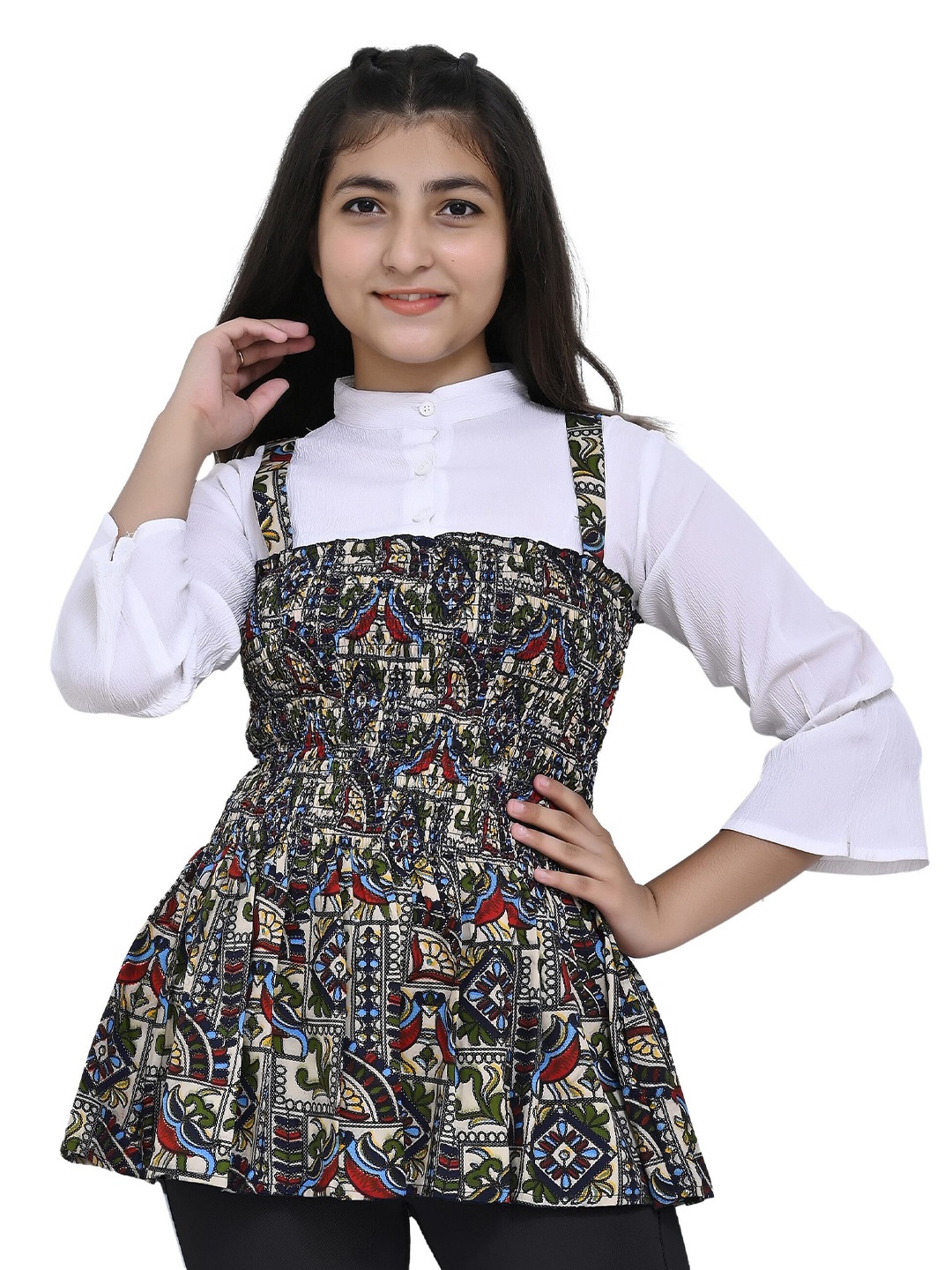 

BAESD Girls Abstract Printed Mandarin Collar Top, White