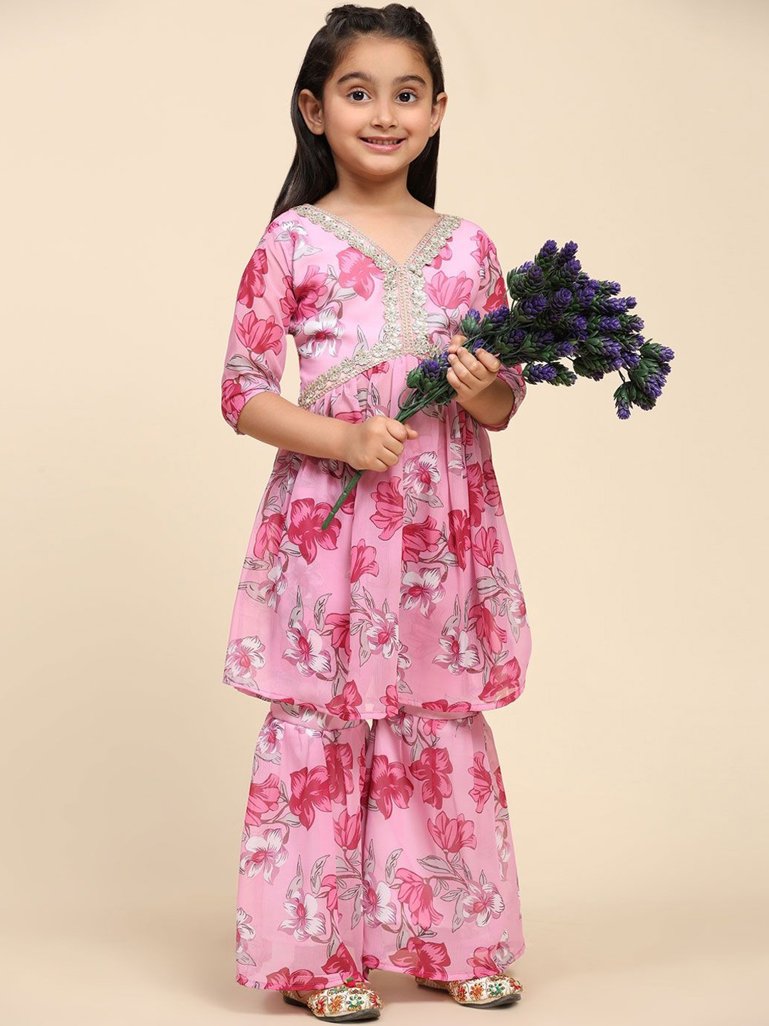 

SHIJILA Girls Floral Printed Regular Gotta Patti Kurta with Sharara, Pink