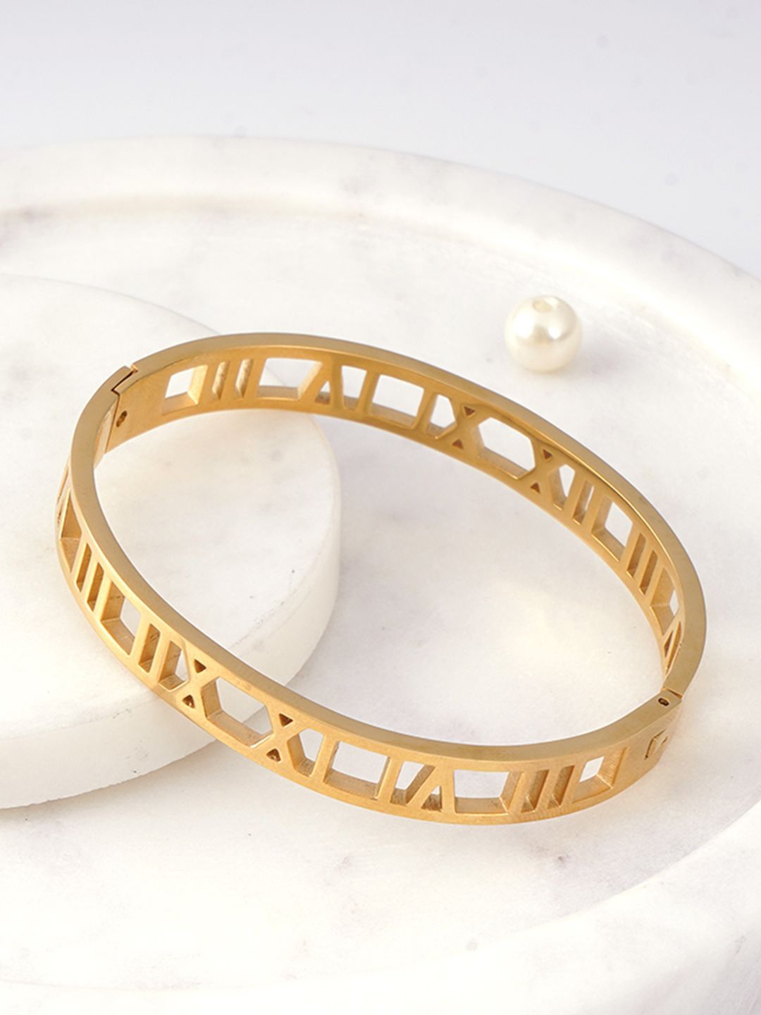 

Adwitiya Collection Stainless Steel Gold-Plated Hollow Design Bangle-Style Bracelet