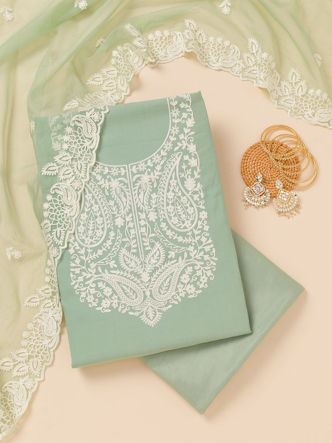 

Koskii Floral Embroidered Unstitched Dress Material, Green