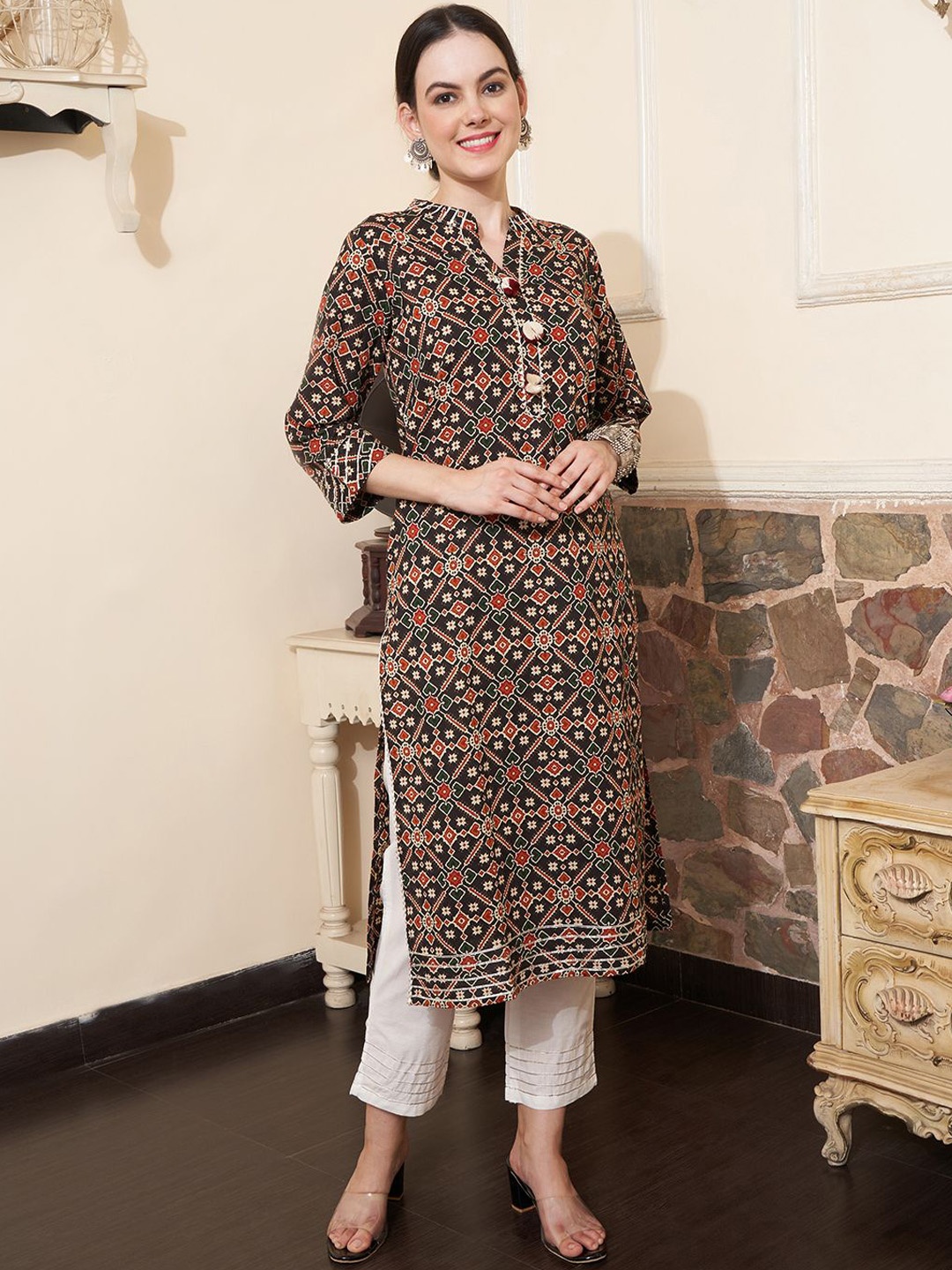 

BANDIA Women Ethnic Motifs Printed Kurta, Black