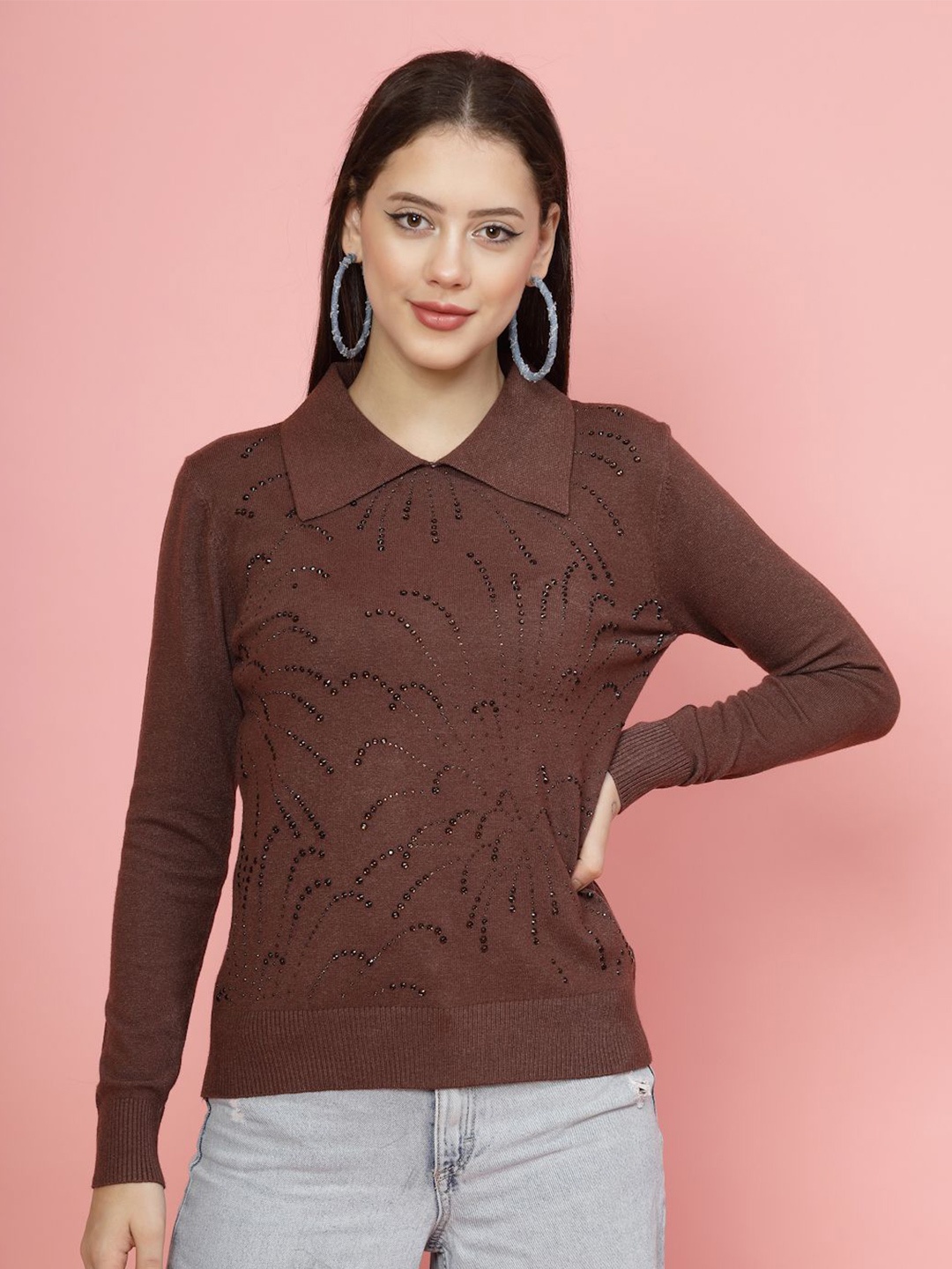 

Mafadeny Women Self Design Shirt Collar Top, Brown