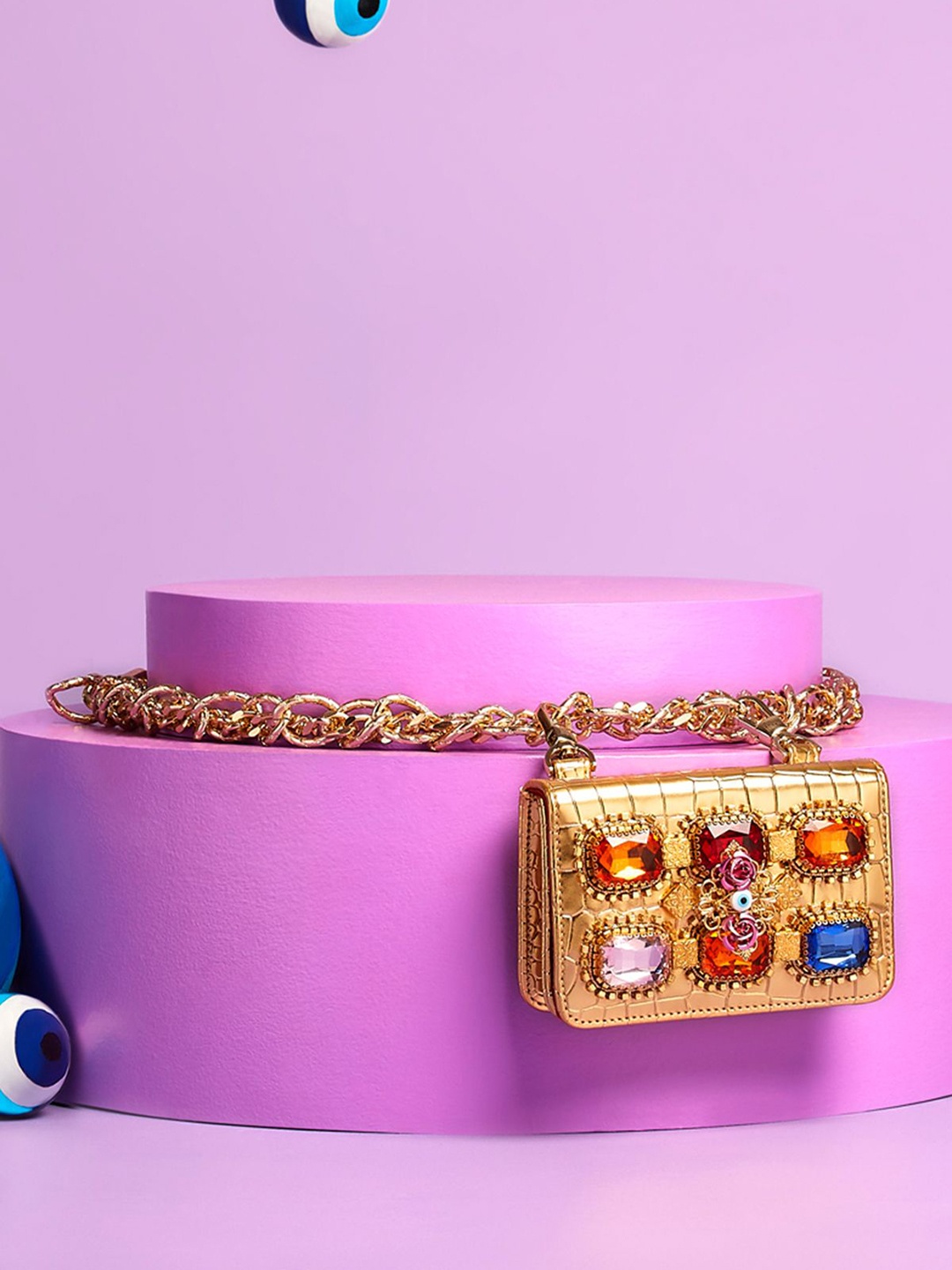 

Papa Don't Preach Embellished Chain Link Belt Clutch, Gold