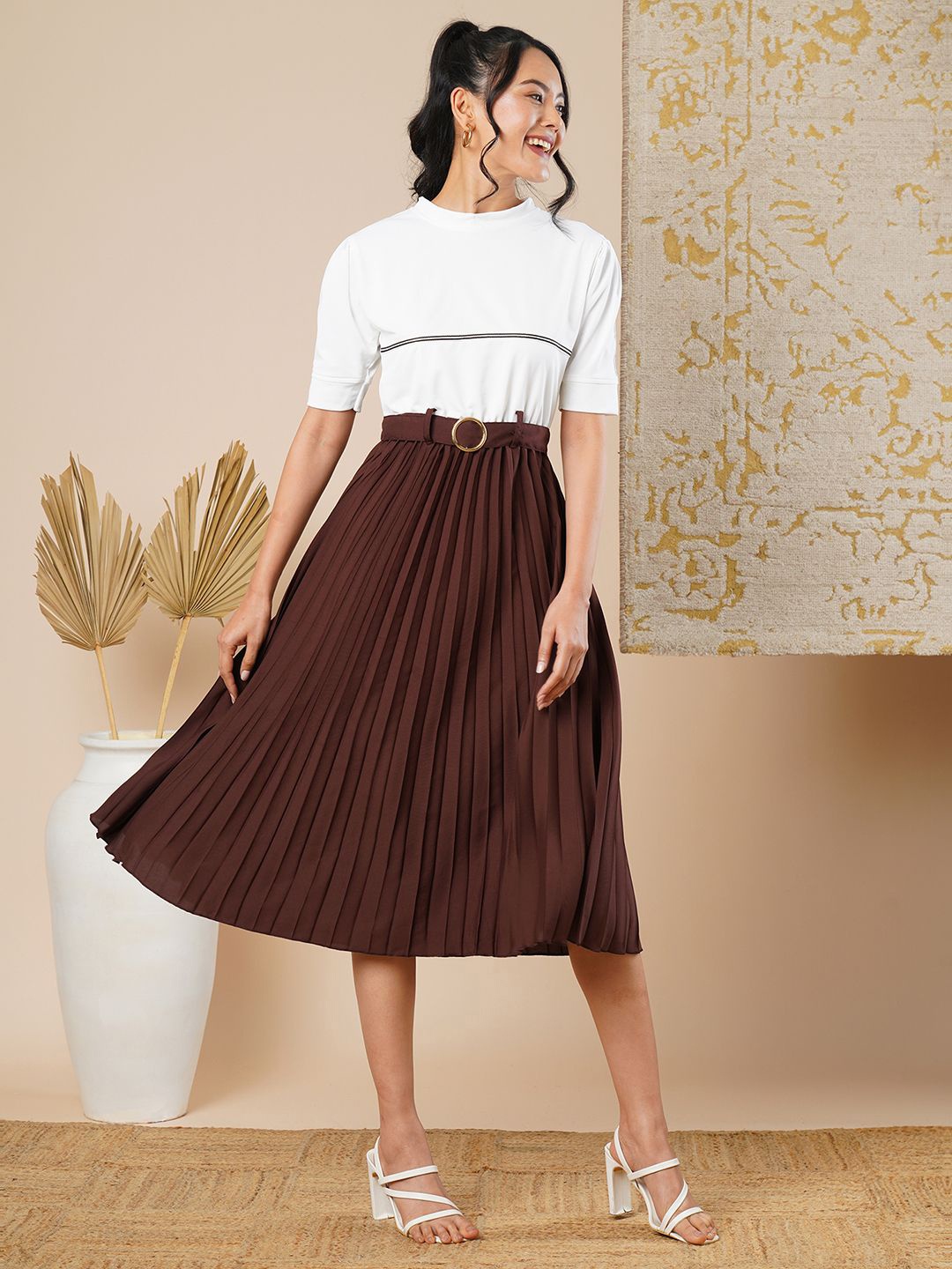 

CARTYSHOP Women Solid Accordion Pleated Fit & Flare Midi Dress, Coffee brown