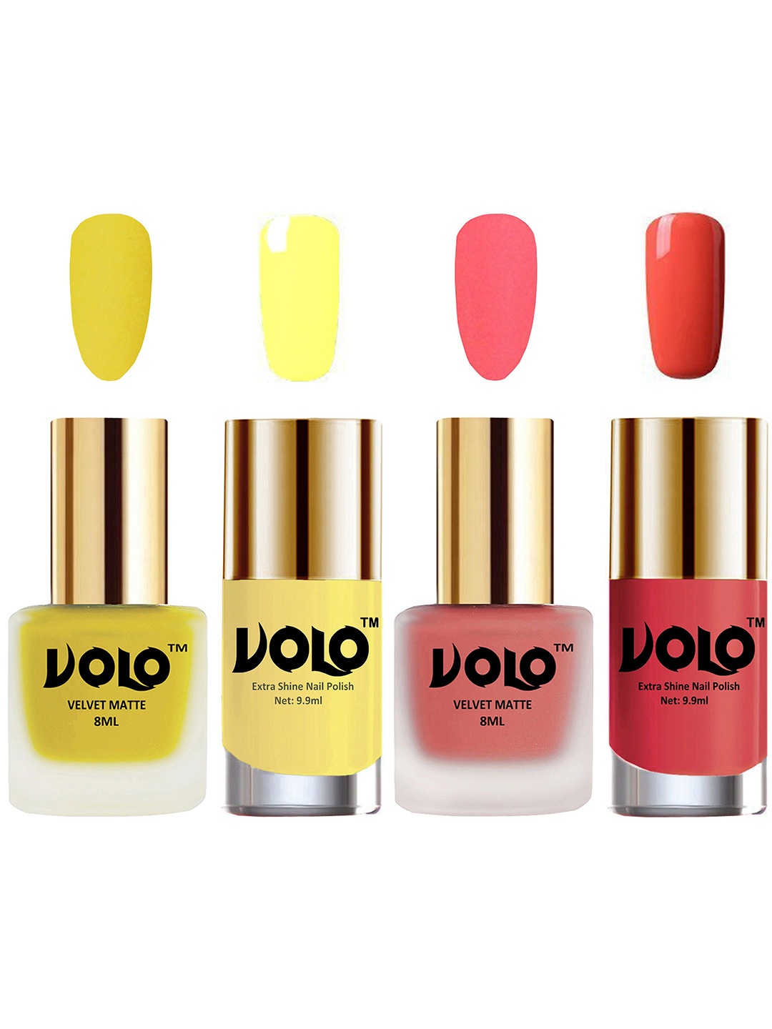 

VOLO Set Of 4 Velvet Matte & Extra Shine Nail Polish-8 ml & 9.9 ml Each Shade 40-41-29-49, Peach