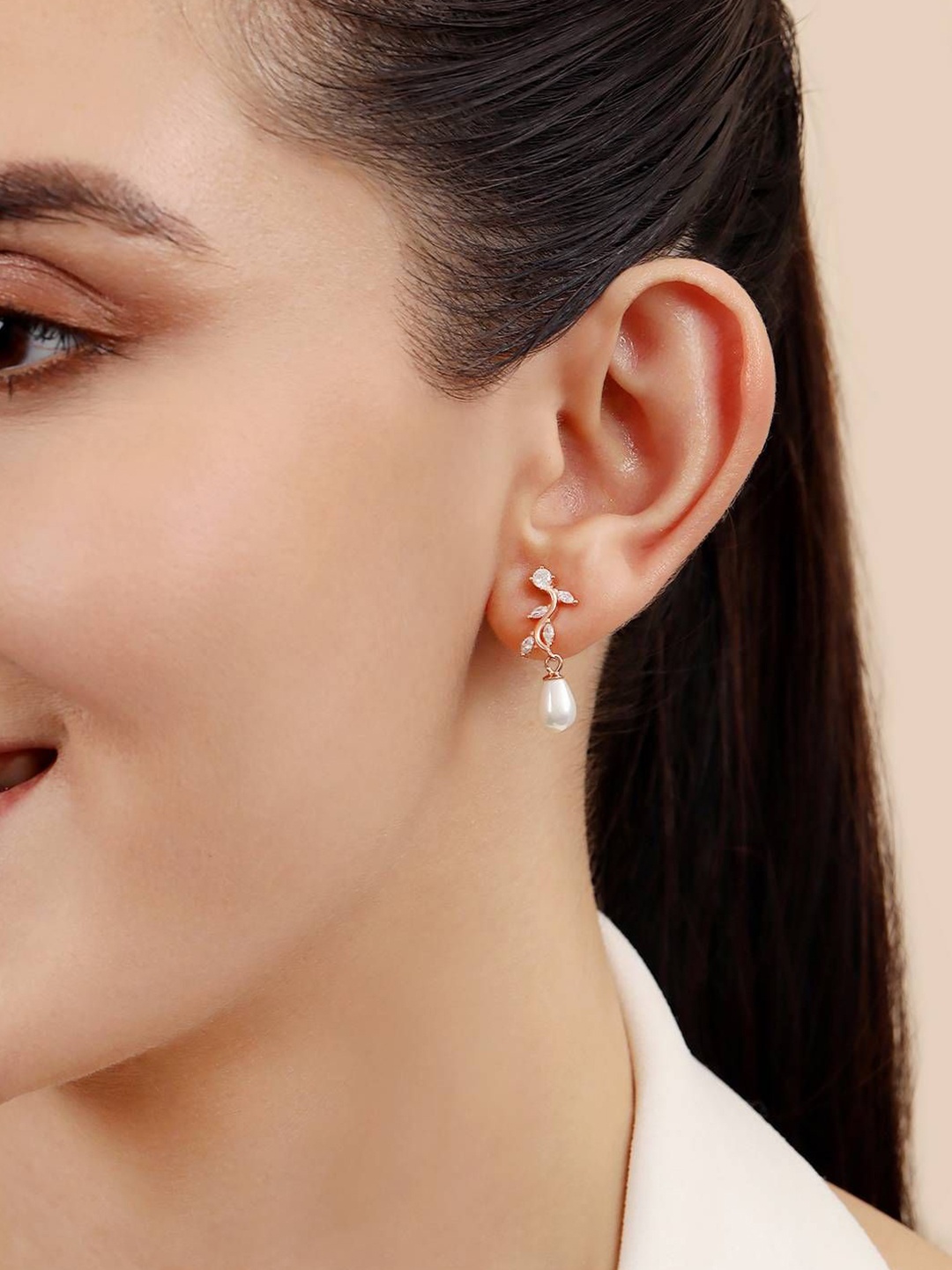 

Zavya 925 Sterling Silver Rose Gold-Plated CZ Studded Teardrop Shaped Drop Earrings
