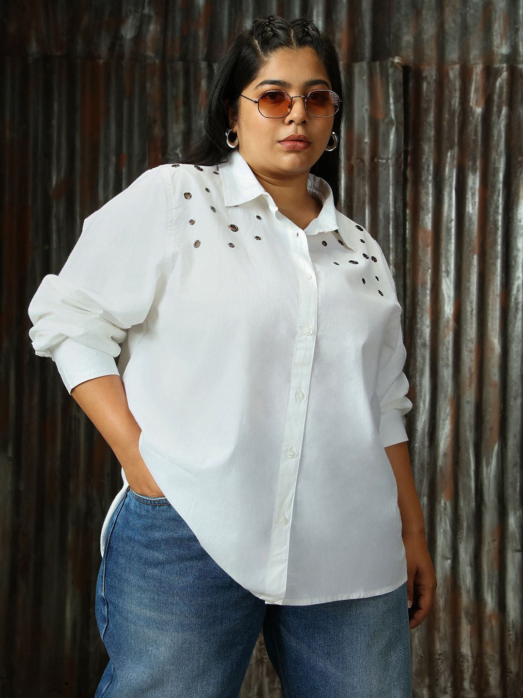 

Freeform by High Star Women Plus Size Embelished Solid Cotton Oversized Casual Shirt, White