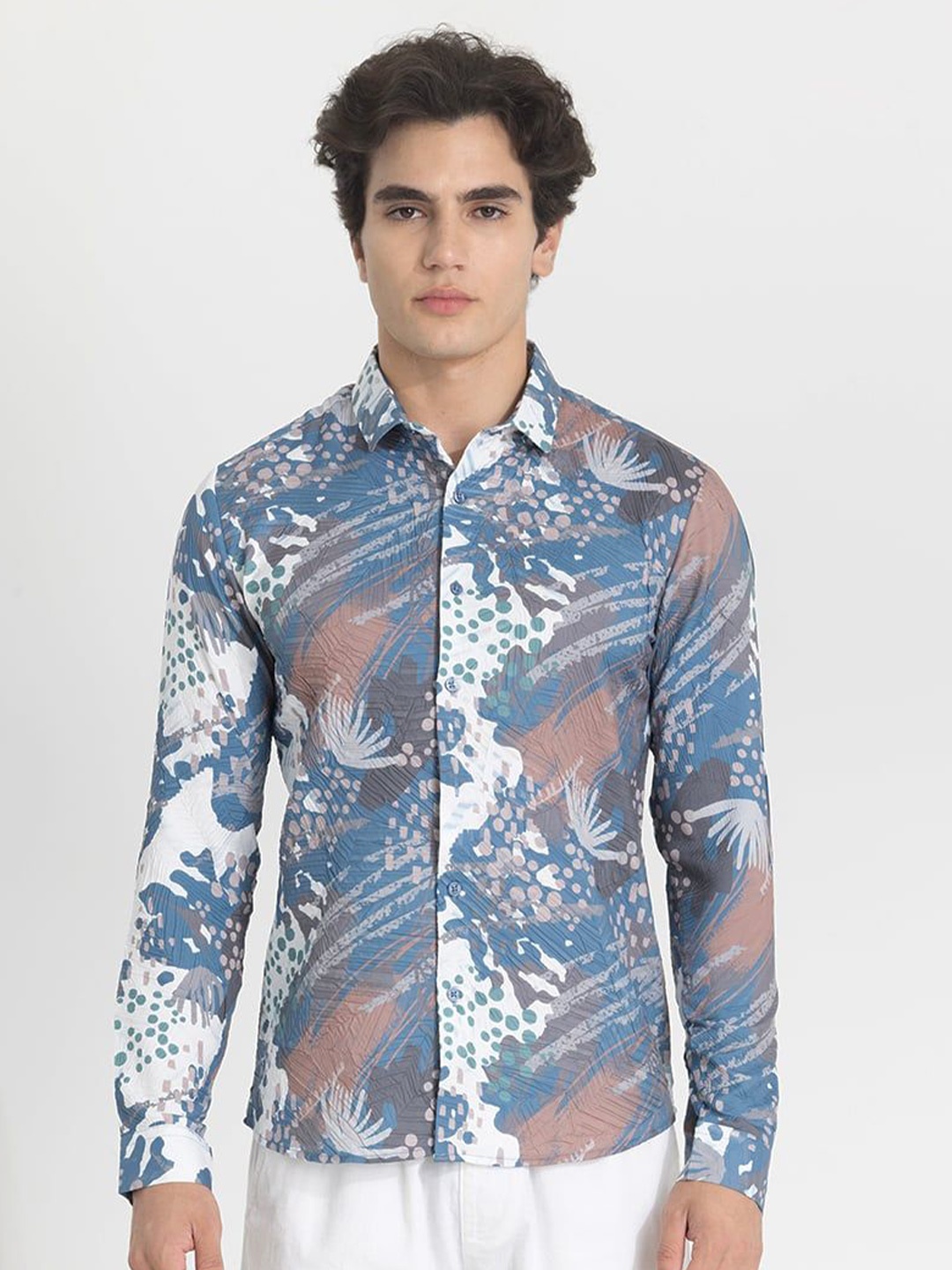 

Snitch Men Smart Spread Collar Abstract Printed Slim Fit Casual Shirt, White