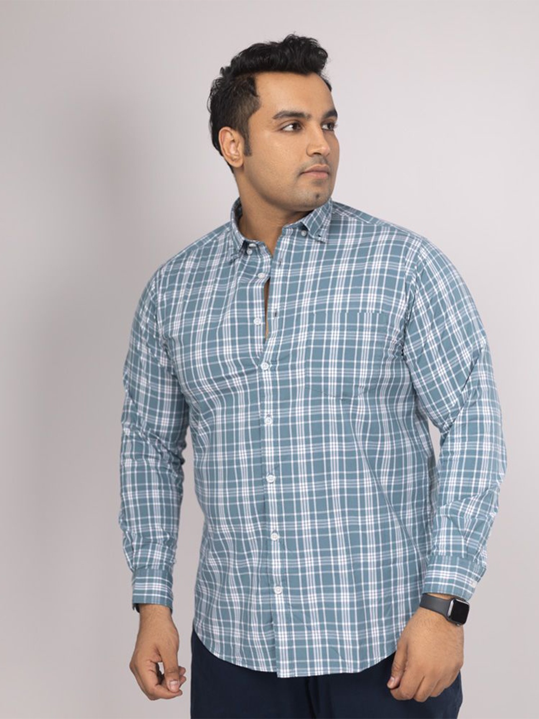 

Sizeupp Men Comfort Fit Spread Collar Tartan Checked Cotton Plus Size Casual Shirt, Teal