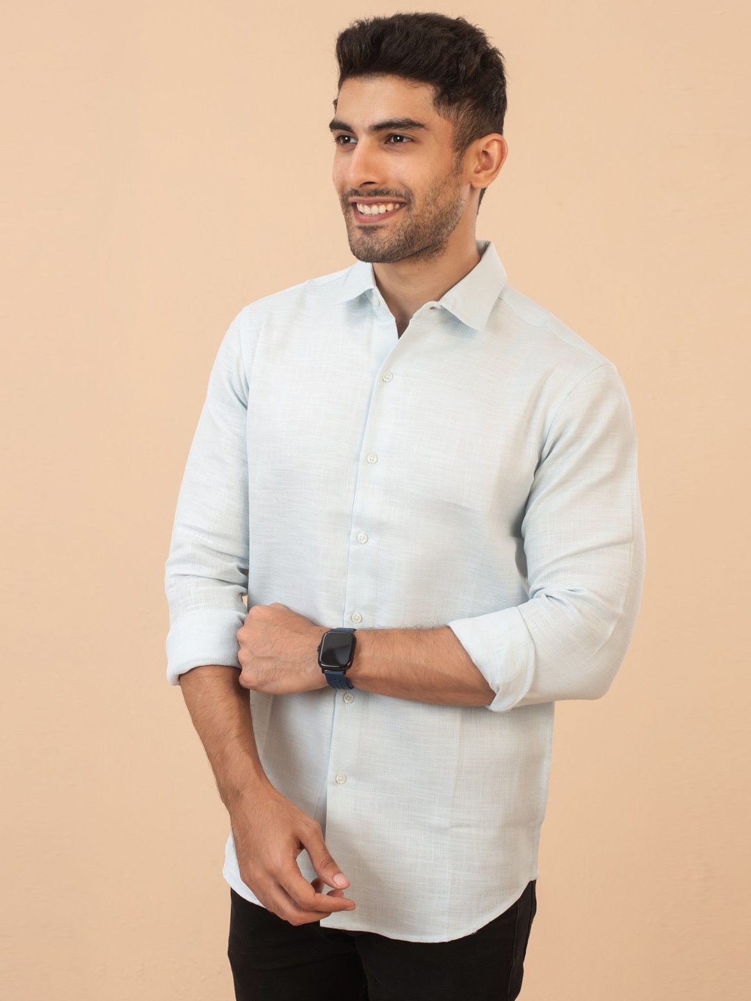 

The Bleu Label Men Classic Spread Collar Solid Cotton Slim Fit Casual Shirt, Blue