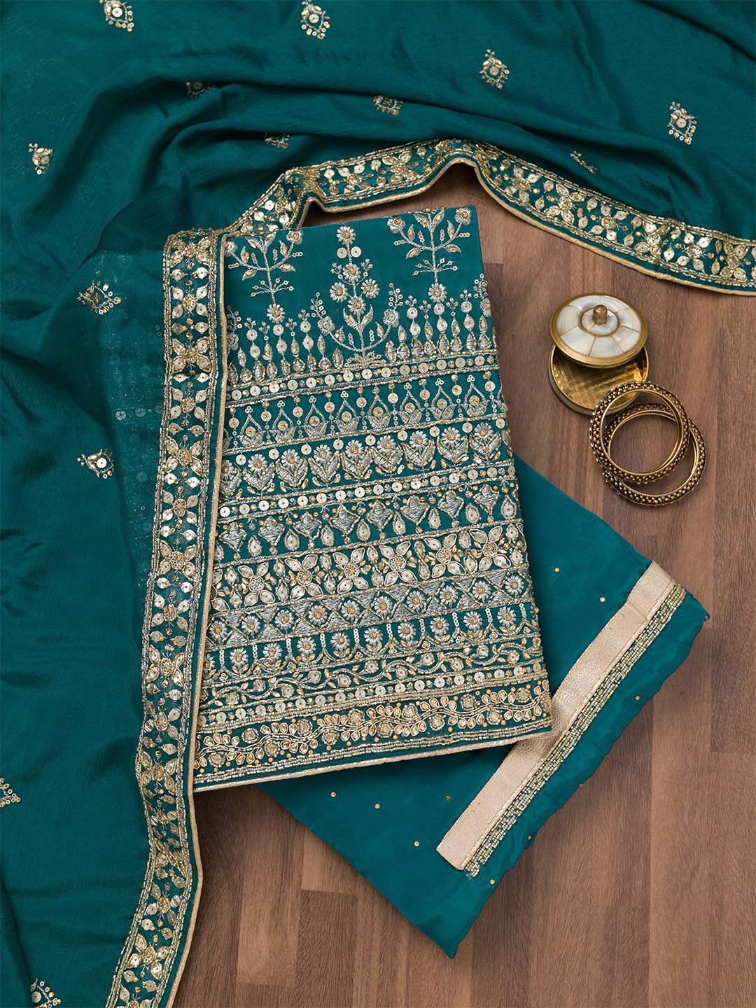 

Koskii Floral Embroidered Zari Silk Crepe Unstitched Dress Material, Blue