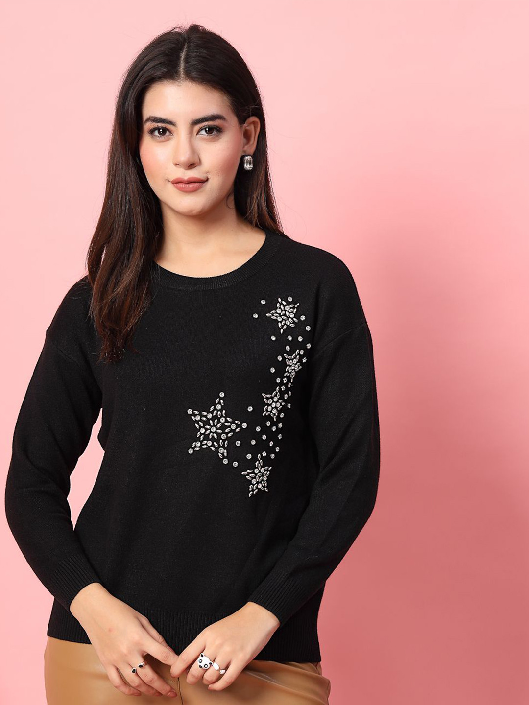 

Mafadeny Women Embellished Round Neck Top, Black