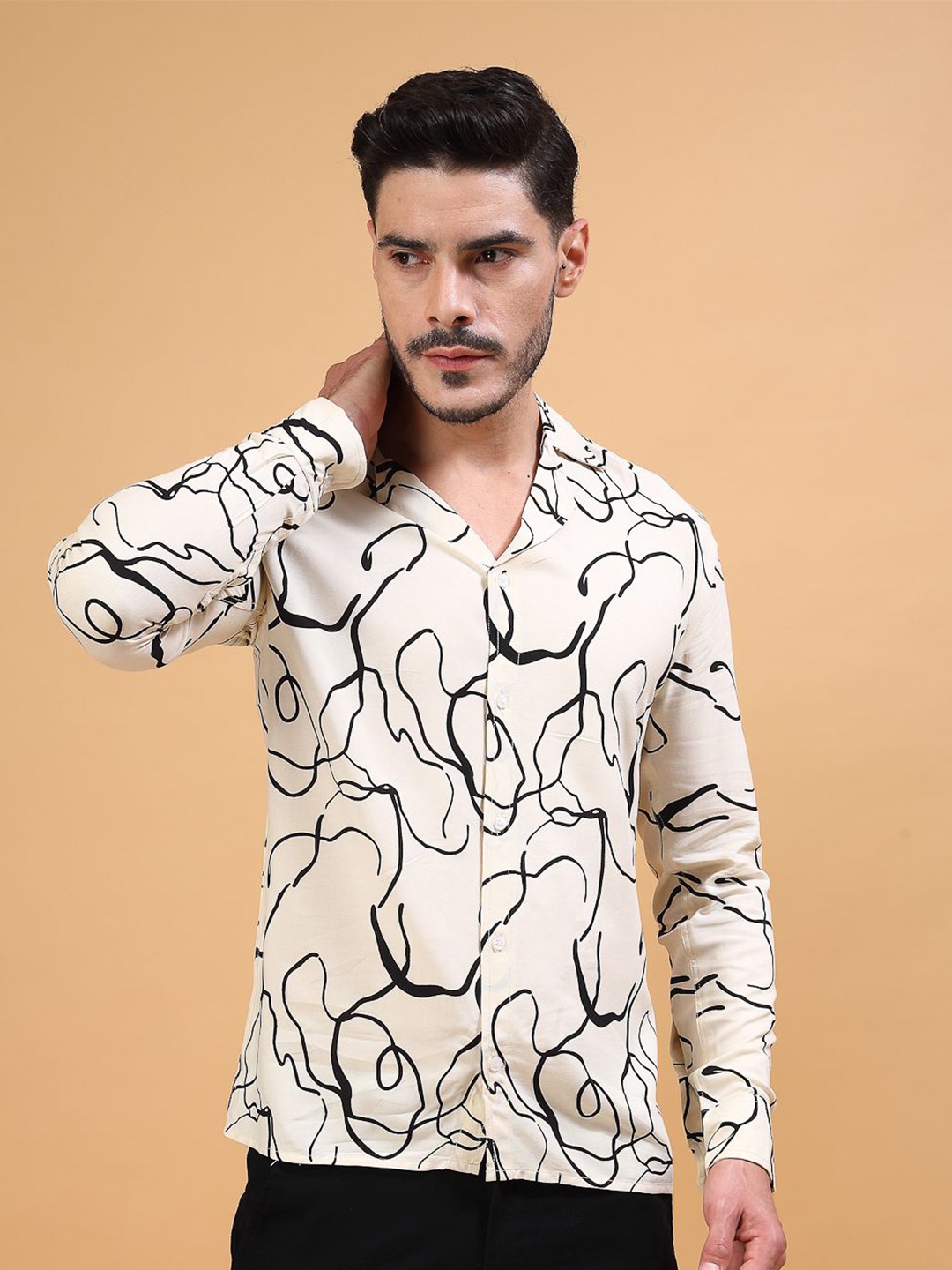 

Vanguard Men Classic Cuban Collar Abstract Printed Casual Shirt, White