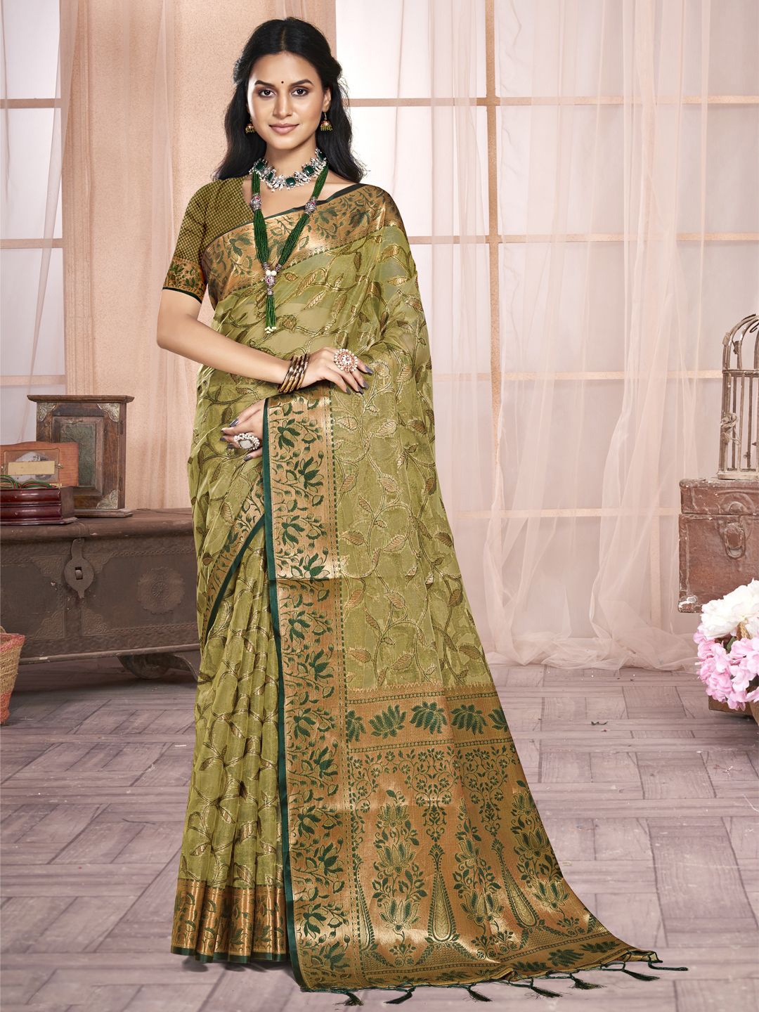 

SANGAM PRINTS Woven Design Zari Organza Tussar Saree, Olive