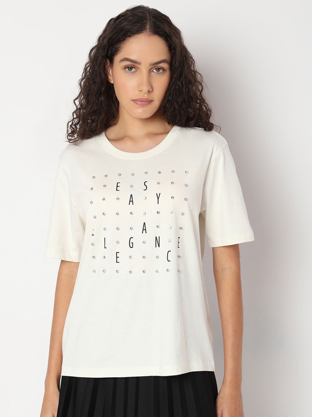 

Vero Moda Women Typography Printed Round Neck Cotton T-shirt, White