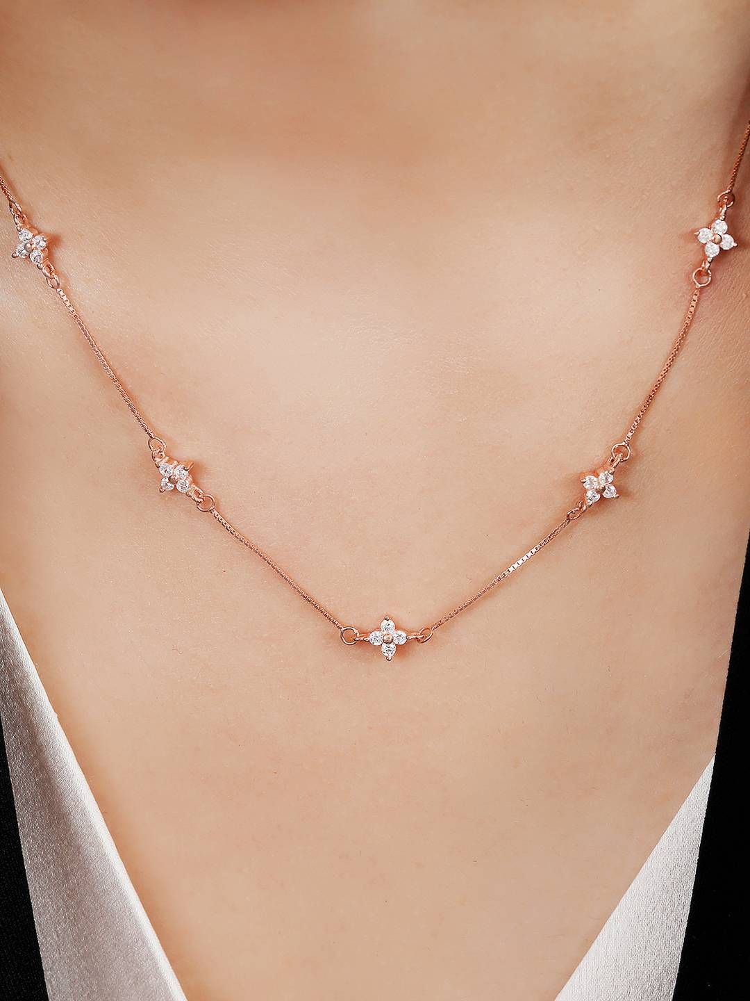 

Zavya 925 Sterling Silver Rose Gold-Plated Cubic Zirconia Studded Necklace