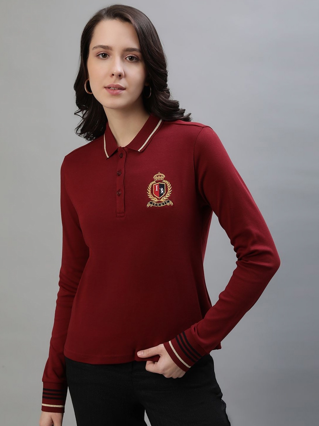 

Iconic Women Solid Polo Collar Cotton T-shirt, Maroon