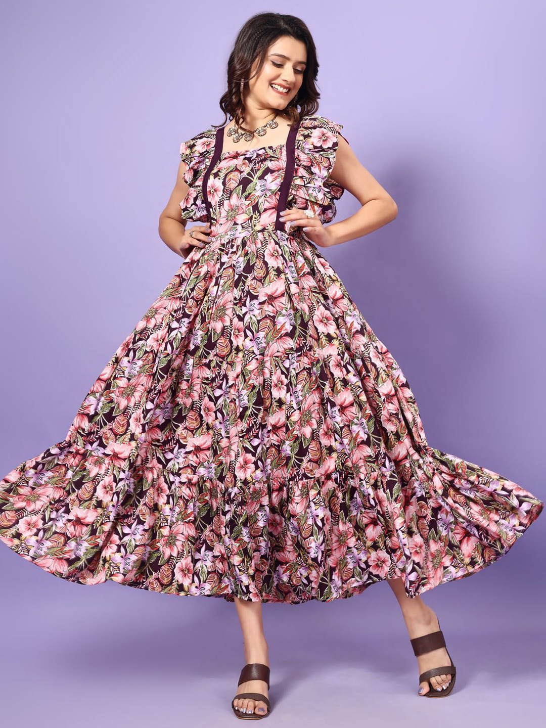

KALINI Women Floral Printed Square Neck Fit and Flared Maxi Dress, Purple