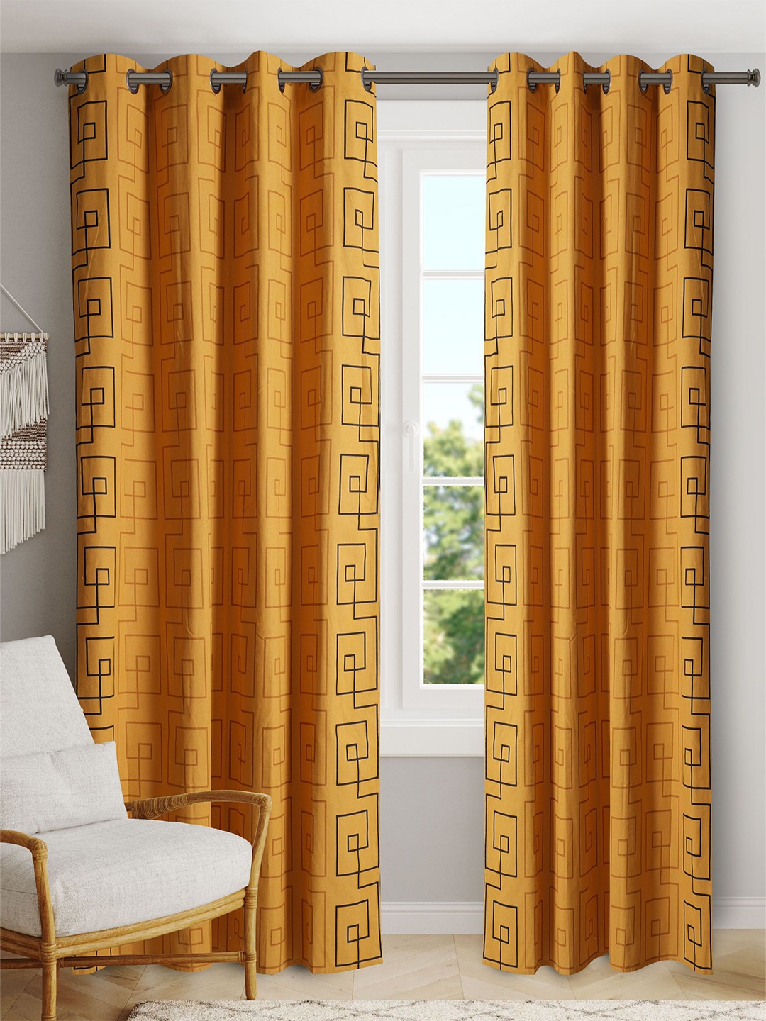 

BLANC9 Yellow & Black 2 Pieces Geometric Printed Door Curtain