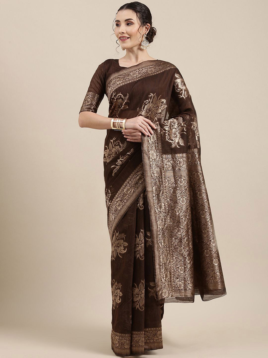 

KALINI Ethnic Motifs Zari Banarasi Saree, Brown