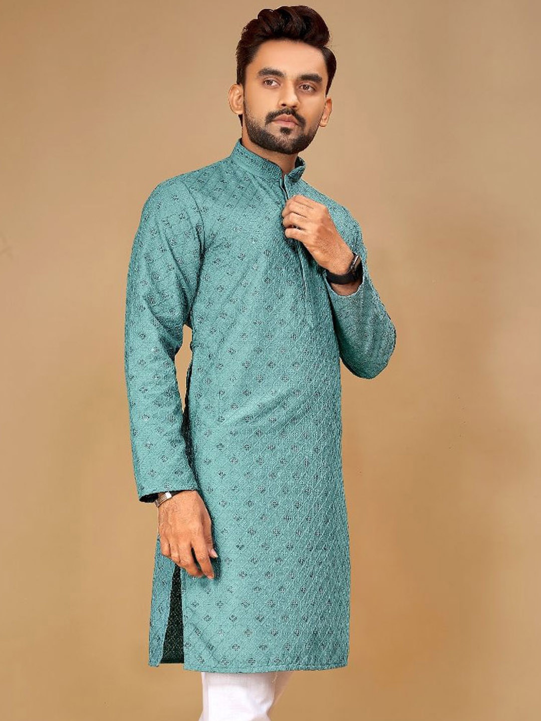 

Zurika Fashion Men Pure Cotton Chikankari Embroidered Straight Kurta, Teal