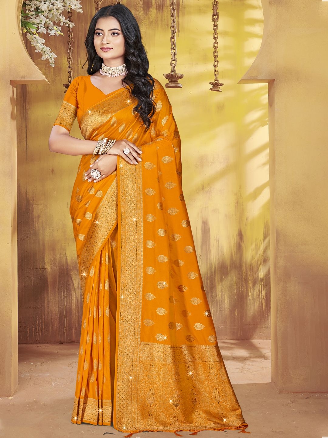 

SANGAM PRINTS Woven Design Zari Tussar Saree, Mustard