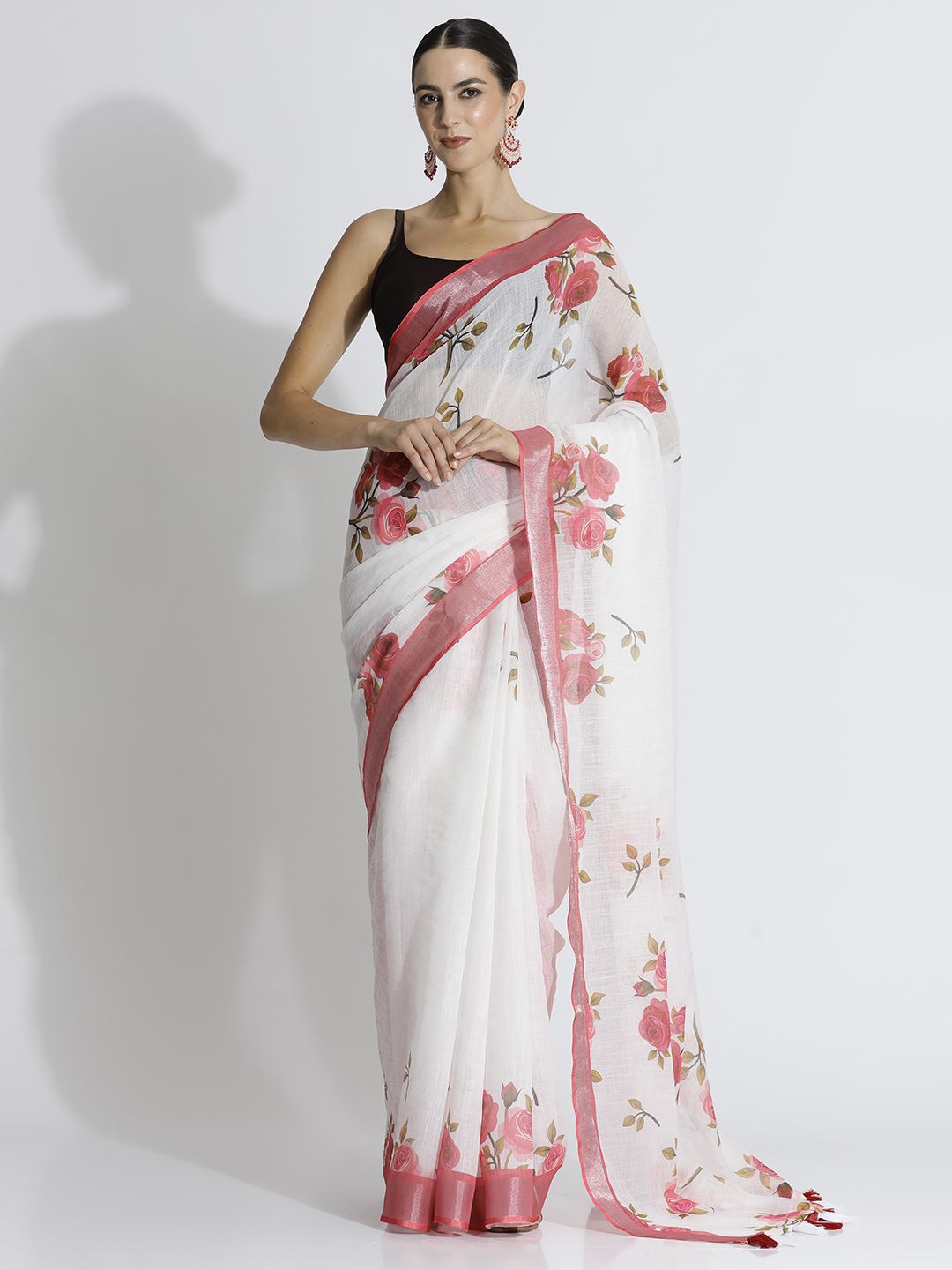 

Jaipur Kurti Floral Printed Pure Linen Designer Saree, White