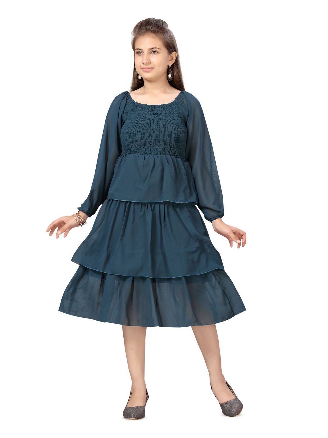 

BAESD Girls Puff Sleeve Georgette Fit & Flare Midi Dress, Sea green