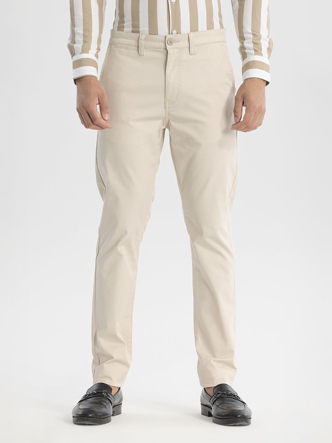 

Snitch Men Smart Slim Fit Chinos Trousers, Cream