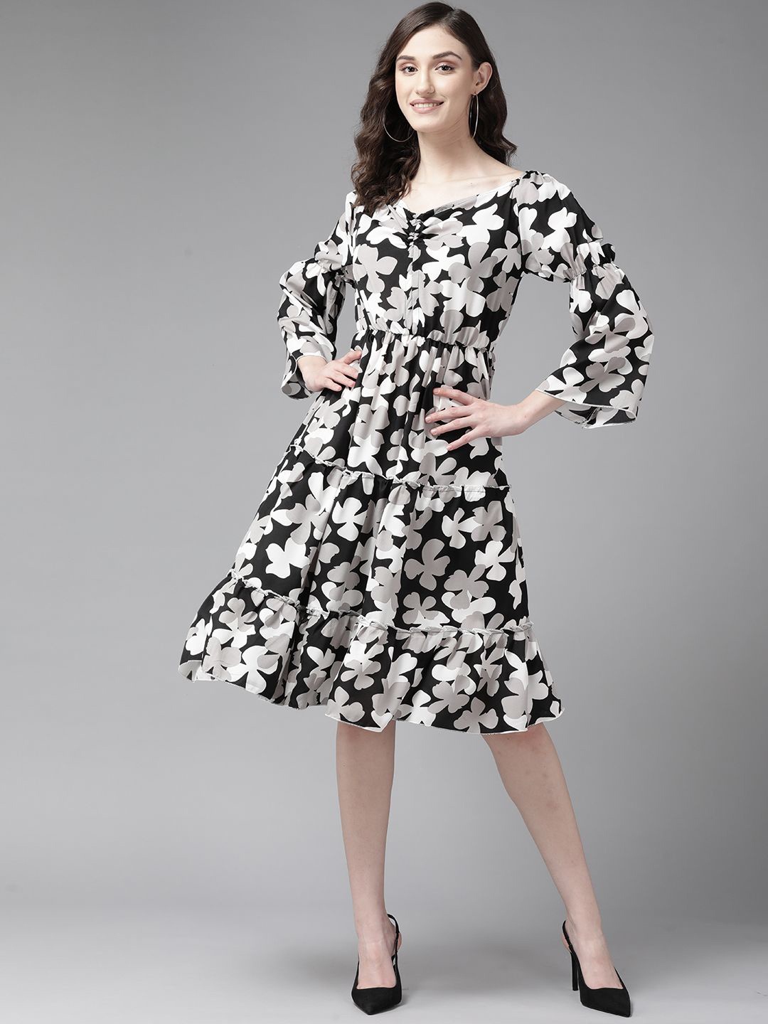 

BAESD Floral Print Puff Sleeve Fit & Flare Dress, Black