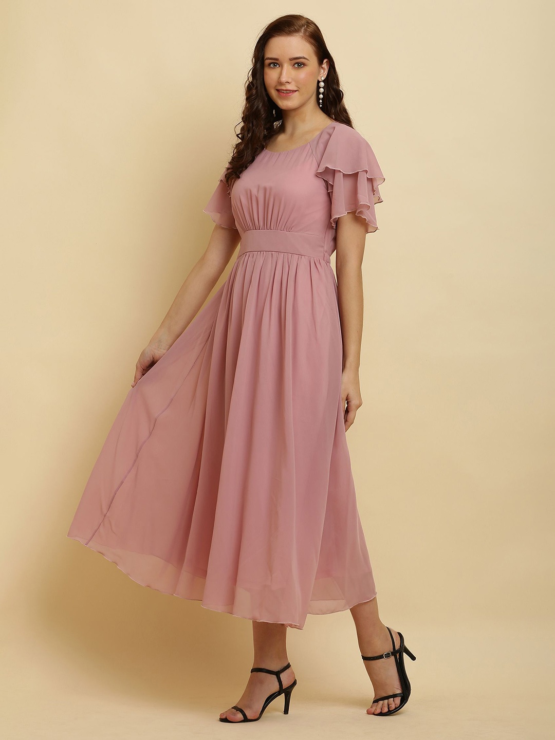 

C4D Flared Sleeve Ruffled Georgette Fit and Flare Dress, Pink