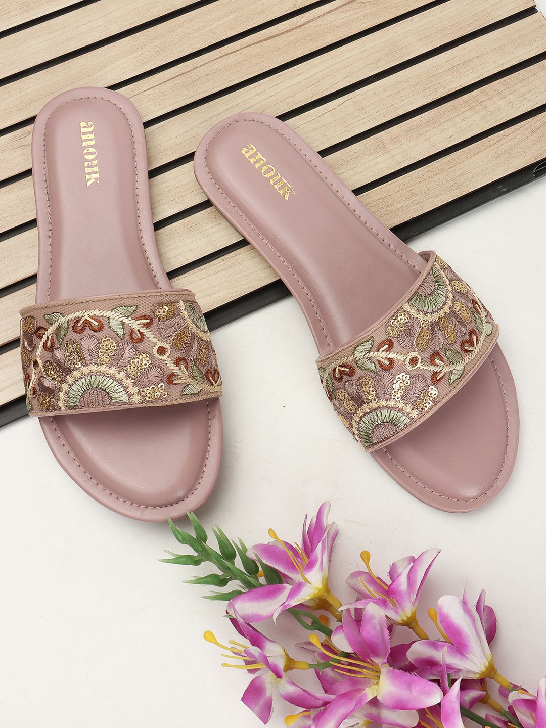

Anouk Women Woven Design Ethnic Open Toe Flats with Embroidered, Peach