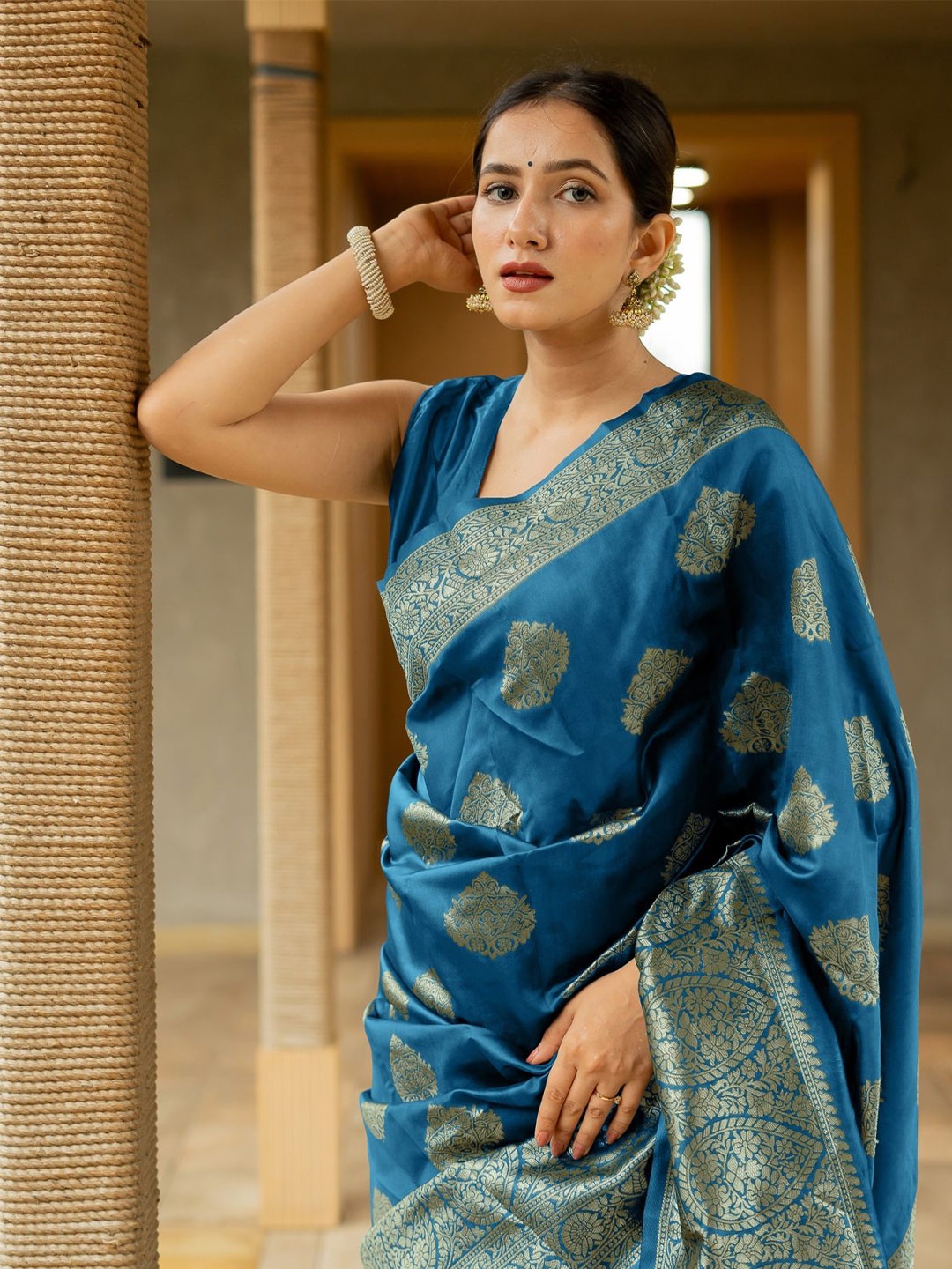 

Subham Ethnic Motifs Woven Design Zari Banarasi Saree, Blue