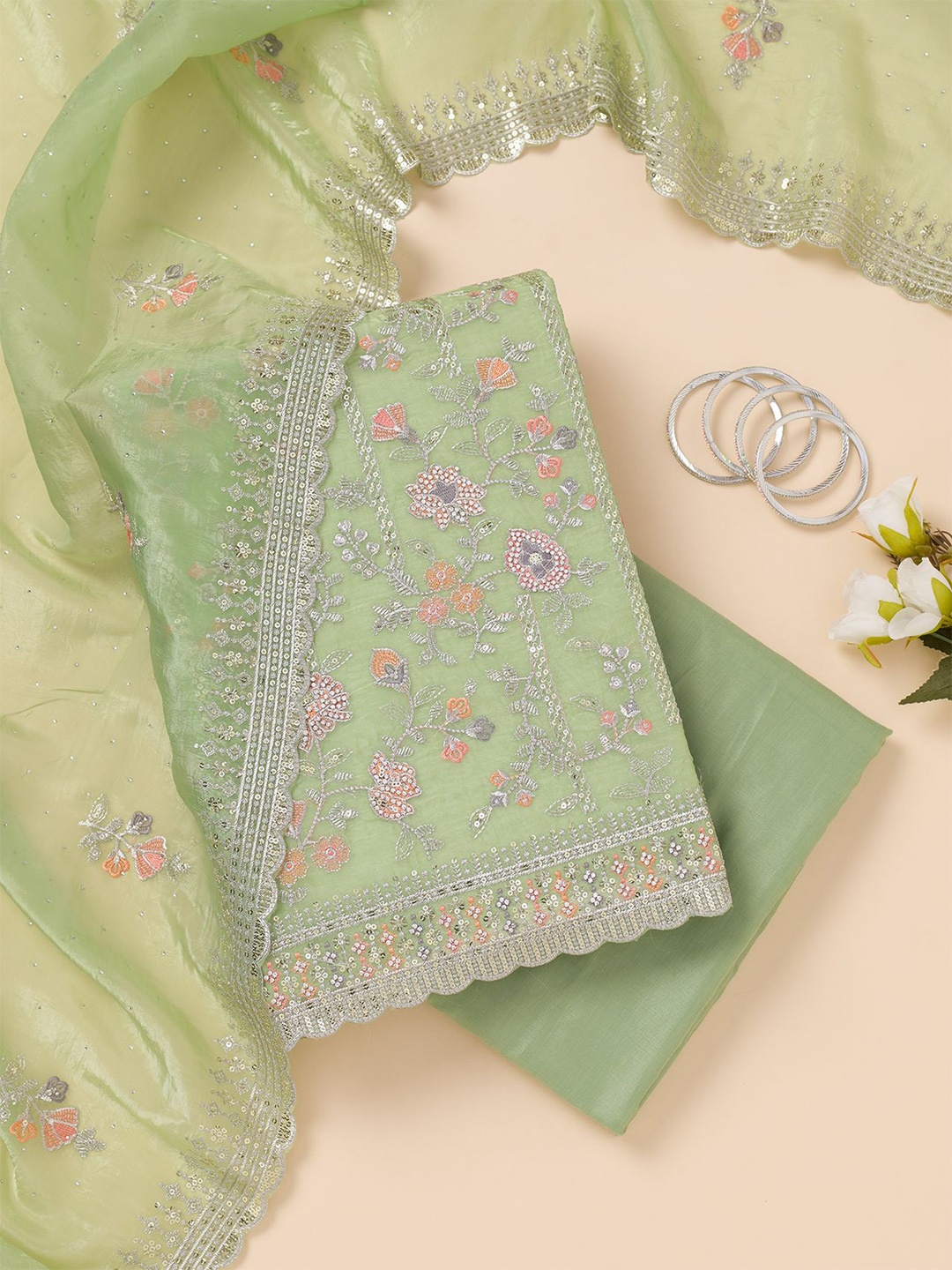 

Koskii Floral Embroidered Organza Unstitched Dress Material, Green