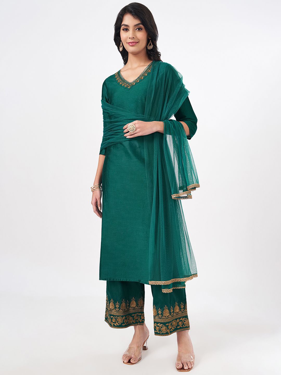 

RANGMANCH BY PANTALOONS Women Embroidered Regular Kurta with Trousers & With Dupatta, Green