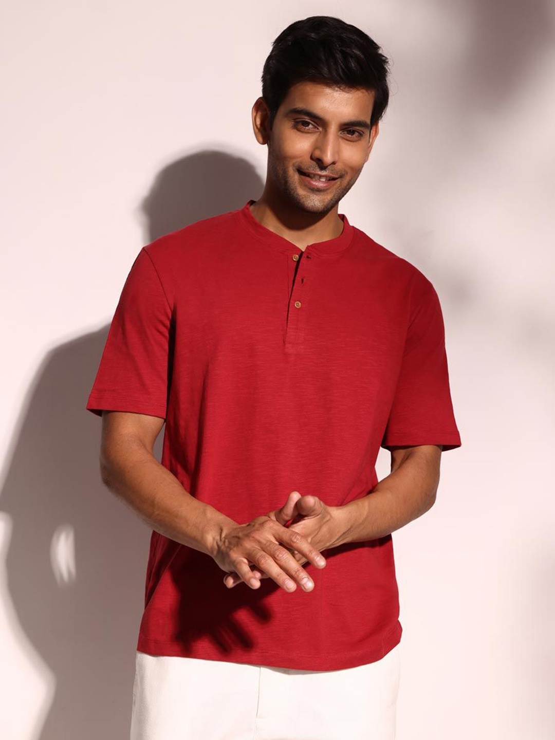 

Fabindia Men Solid Henley Neck Cotton Relaxed Fit T-shirt, Red