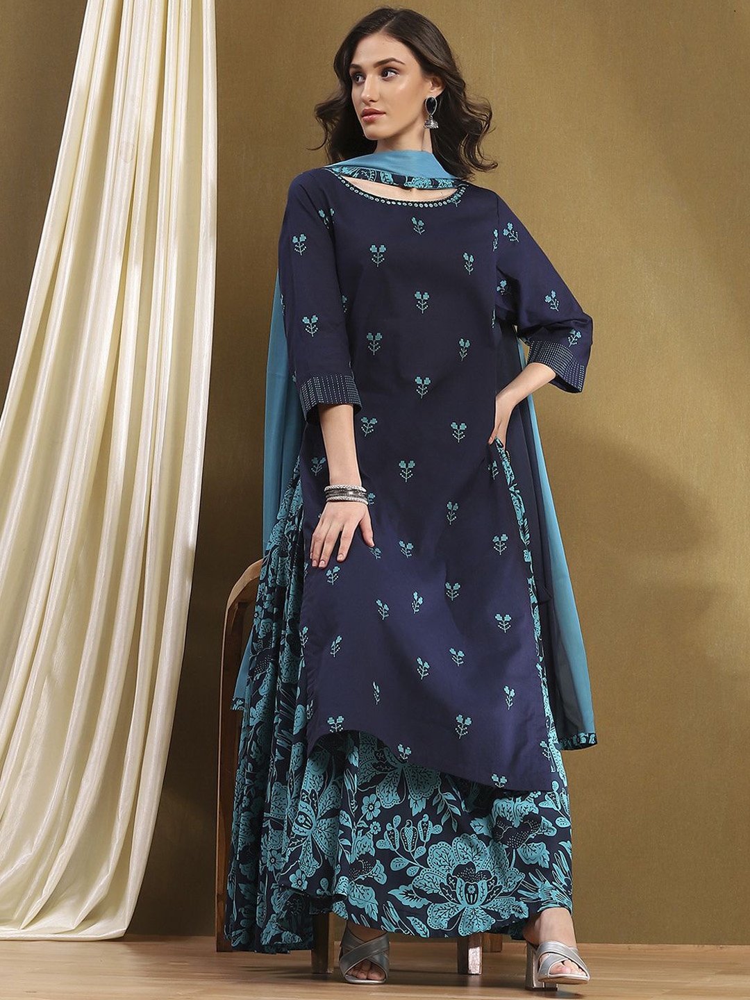 

Biba Women Pure Cotton Kurta with Skirt & With Dupatta, Blue