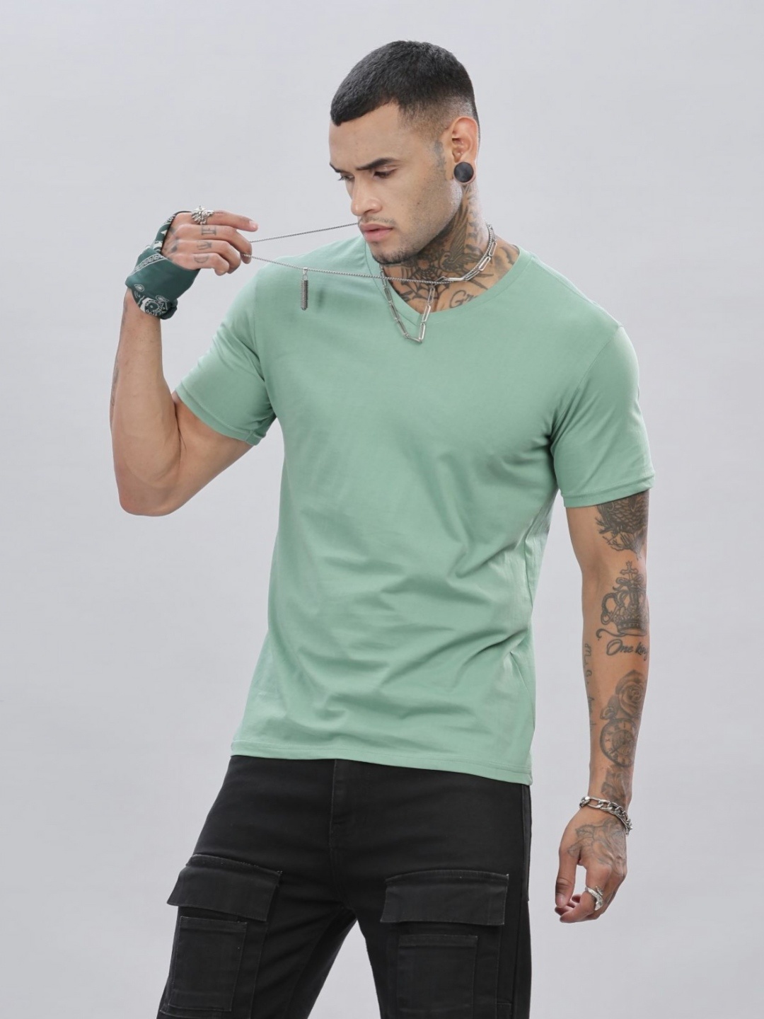 

ADRO Men Solid V-Neck Cotton T-shirt, Sea green