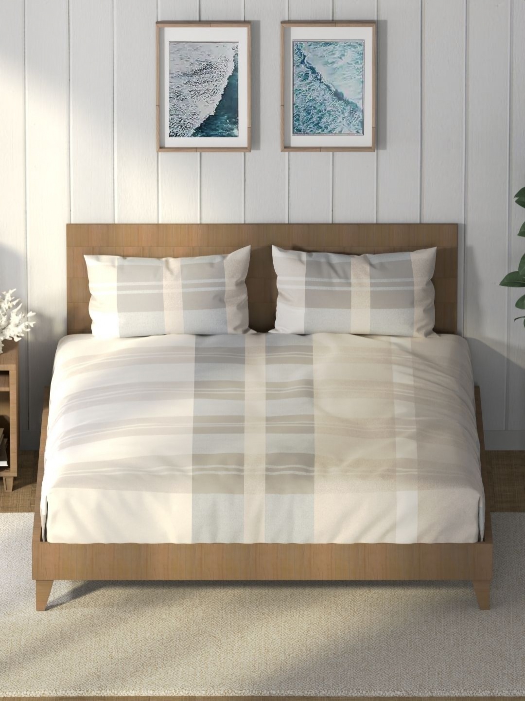 

Nautica Beige & White Geometric Cotton 160 TC King Bedsheet with 2 Pillow Covers
