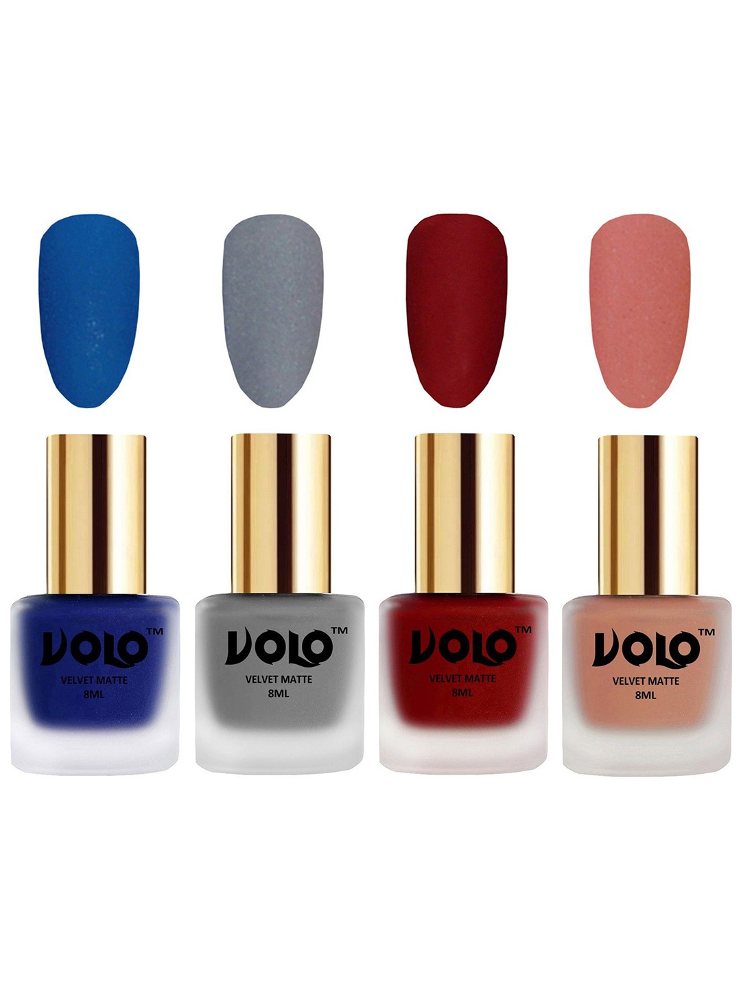 

VOLO Set Of 4 Velvet Matte Nail Polish - 8 ml Each - Tomato Red-Light Peach-Blue-Grey