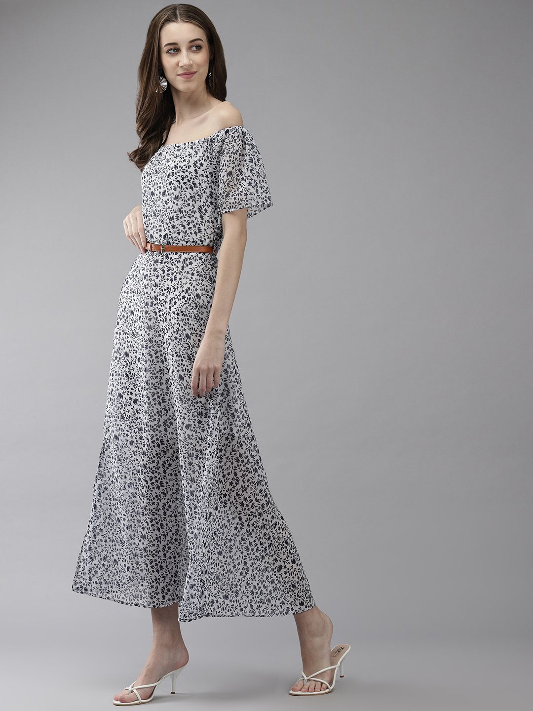 

BAESD Floral Printed Off-Shoulder Flared Sleeve Maxi Dress, Navy blue