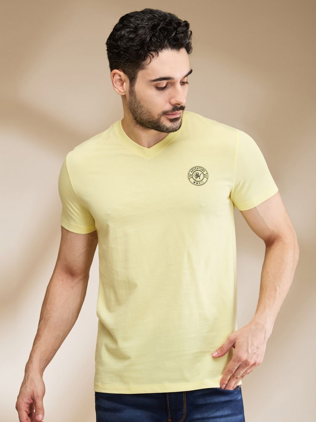 

Being Human Men Solid V-Neck Cotton T-shirt, Yellow