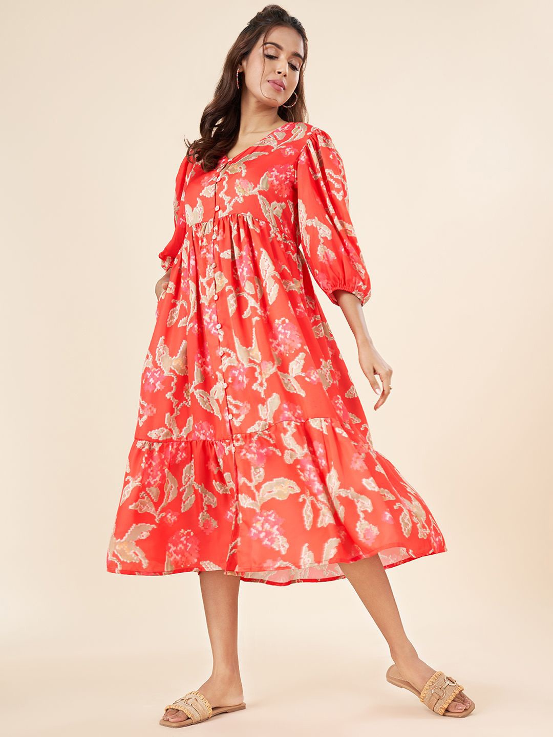 

AKKRITI BY PANTALOONS Women Abstract Printed Puff Sleeves A-Line Midi Dress, Red