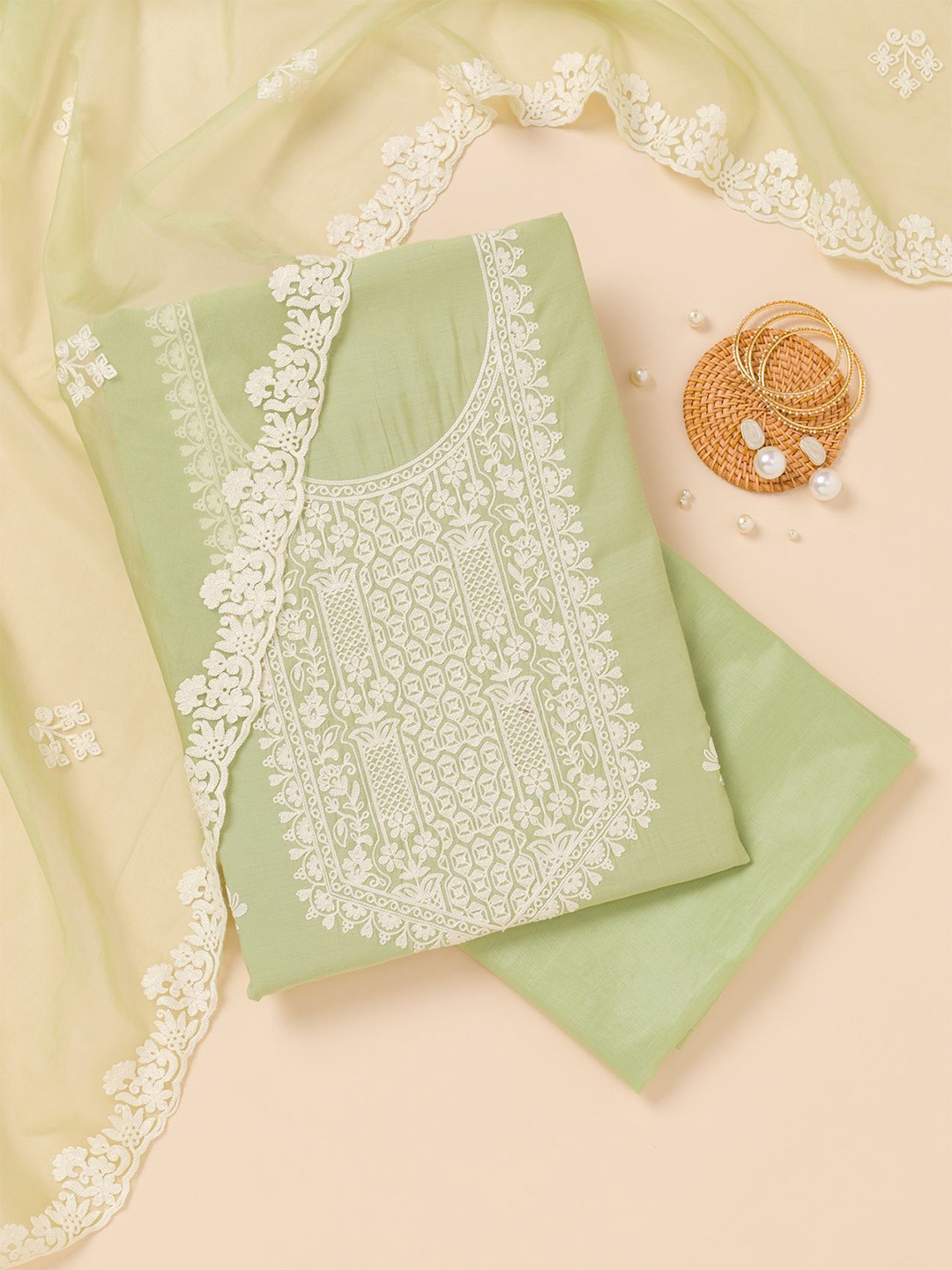 

Koskii Floral Embroidered Unstitched Dress Material, Green