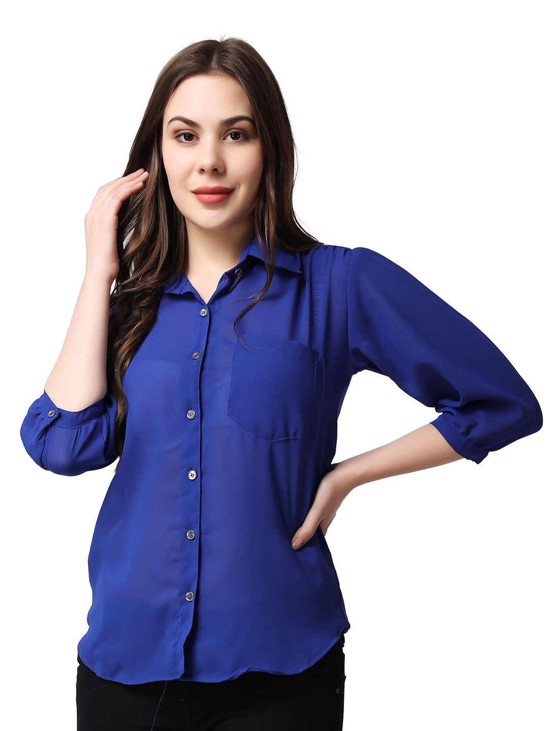 

SCORPIUS Women Classic Spread Collar Solid Slim Fit Casual Shirt, Blue
