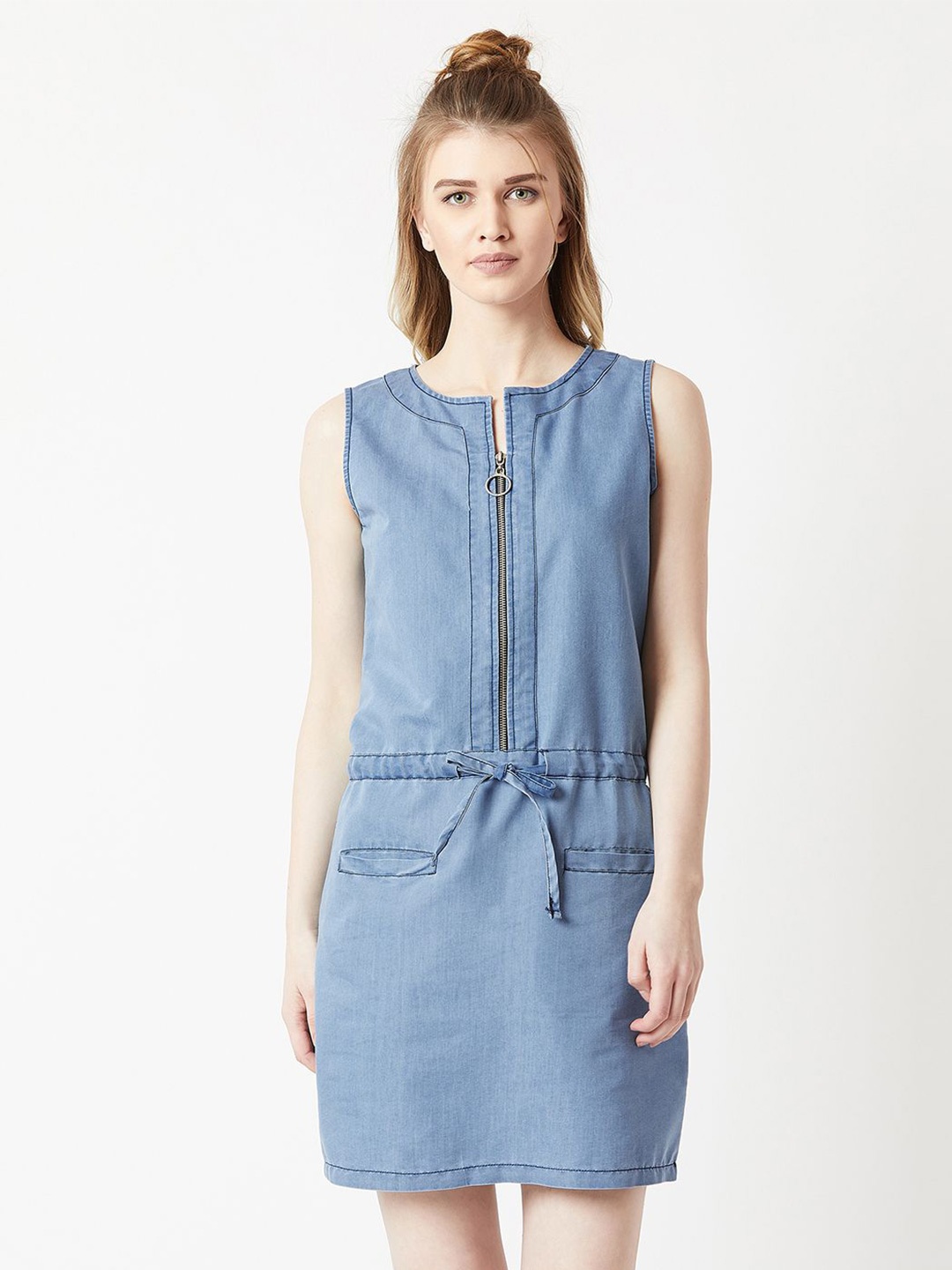 

Baesd Women Round Neck Sleeveless Denim Solid Mini Shift Dress, Blue